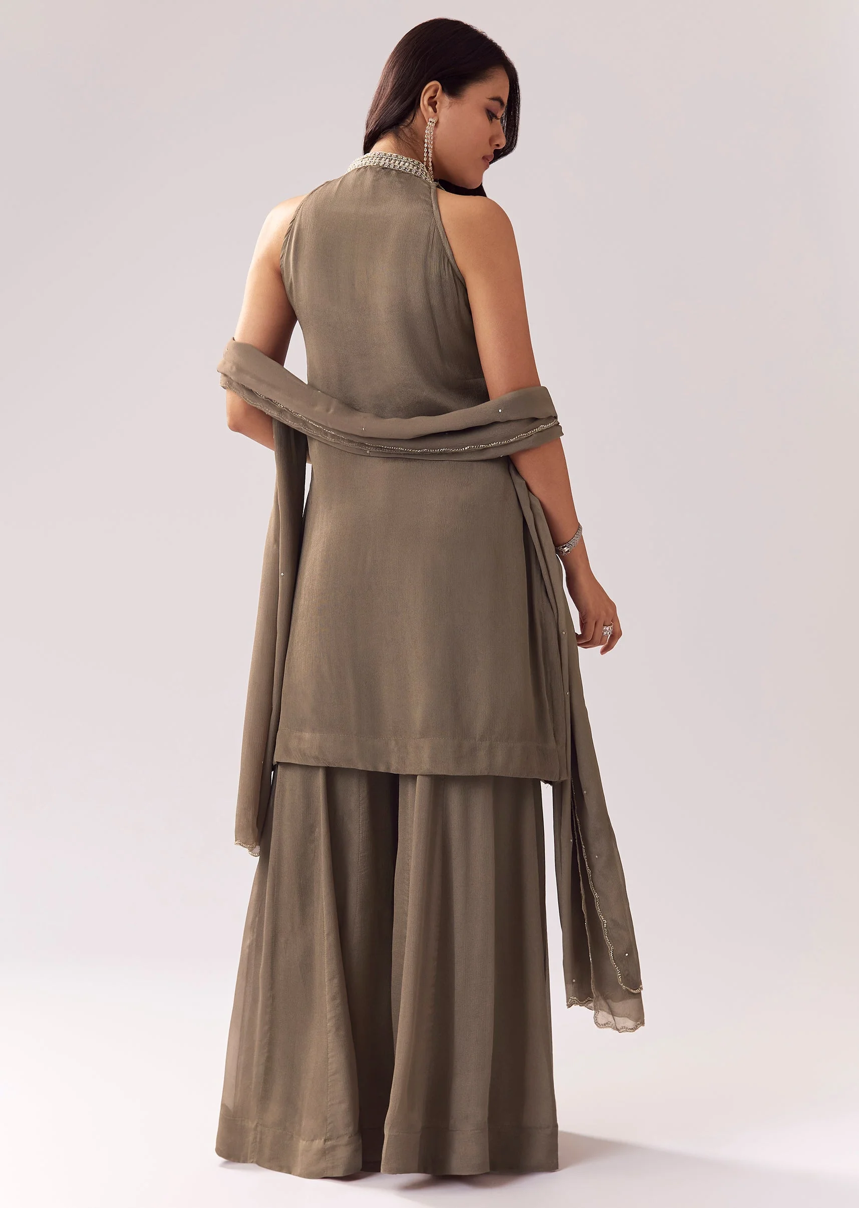 Pastel Grey Chinon Palazzo Suit With Beadwork - Image 5