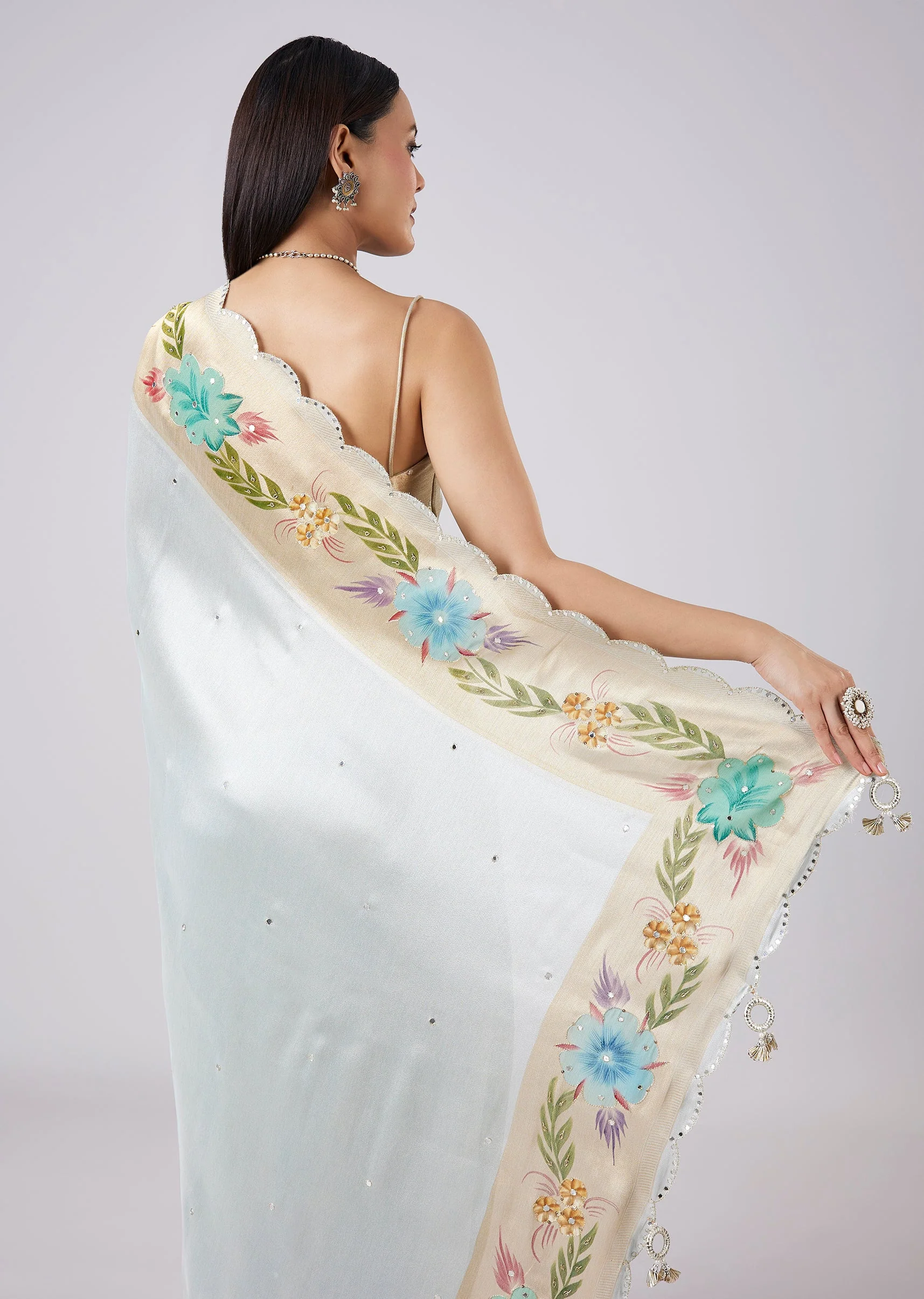 Pastel Grey Hand Painted Saree with Blouse - Image 6