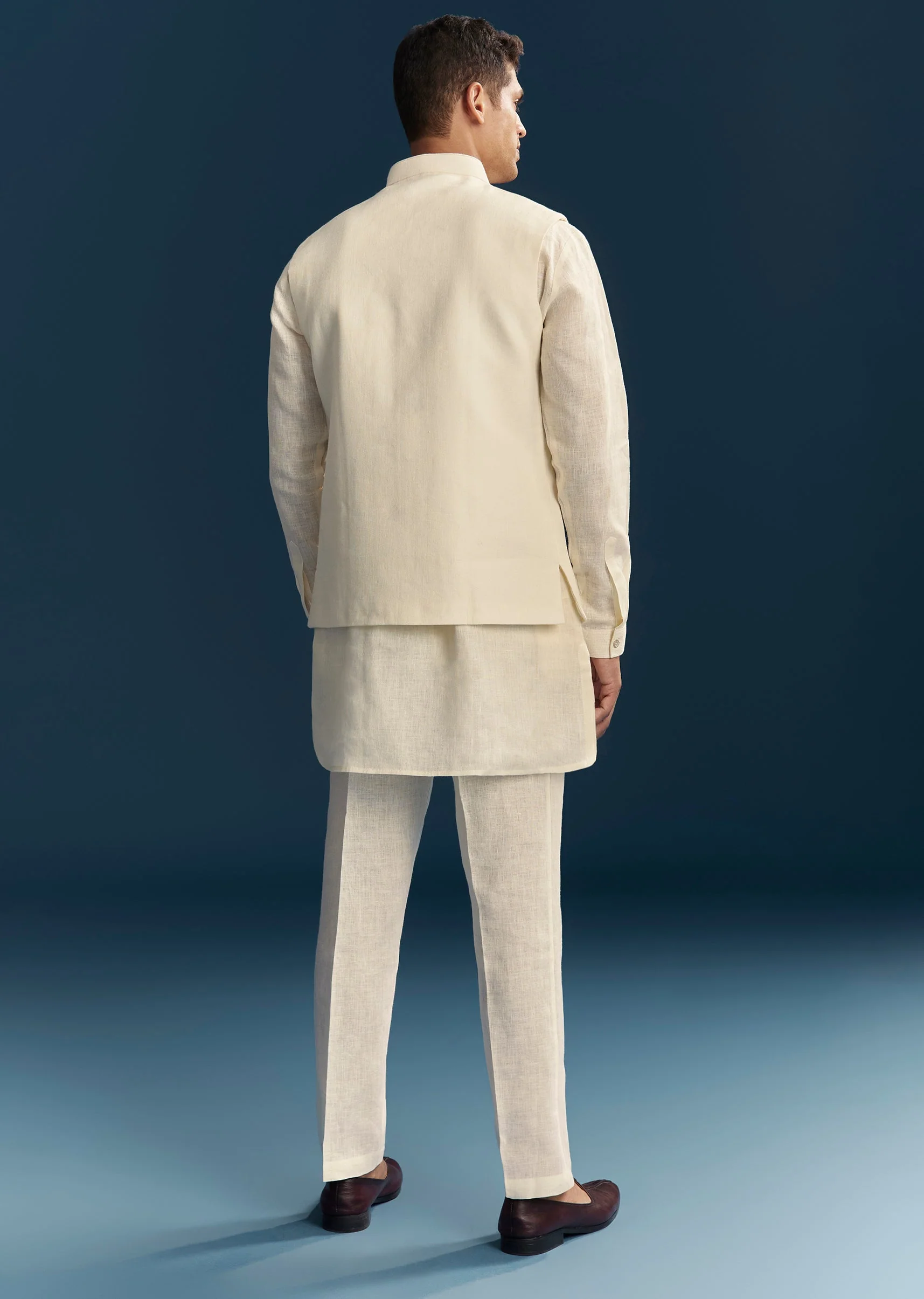 Pastel Off White Silk Kurta Jacket Set With Minimal Thread Detail - Image 5