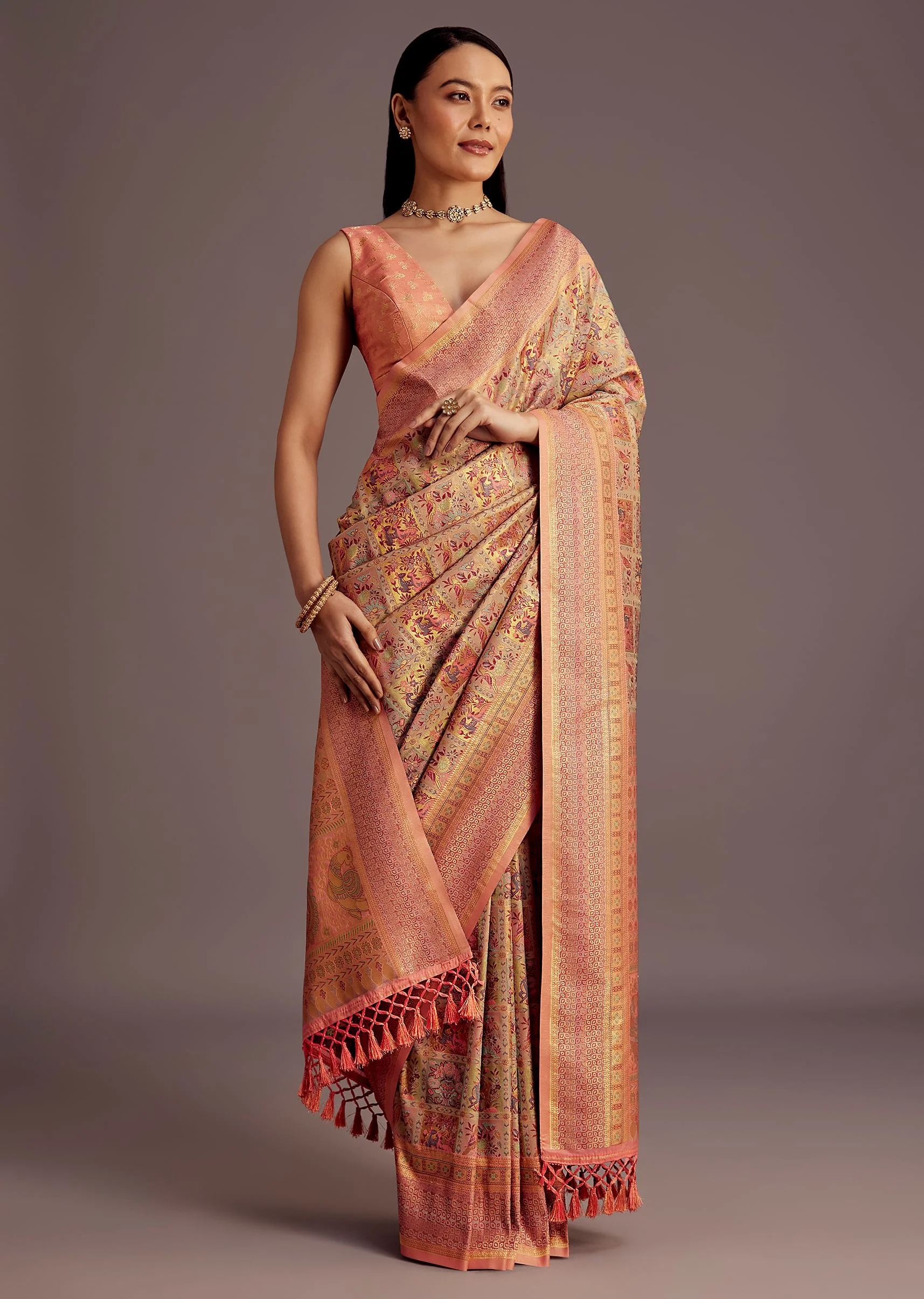 Pastel Orange Silk Saree With Woven Work - Image 2