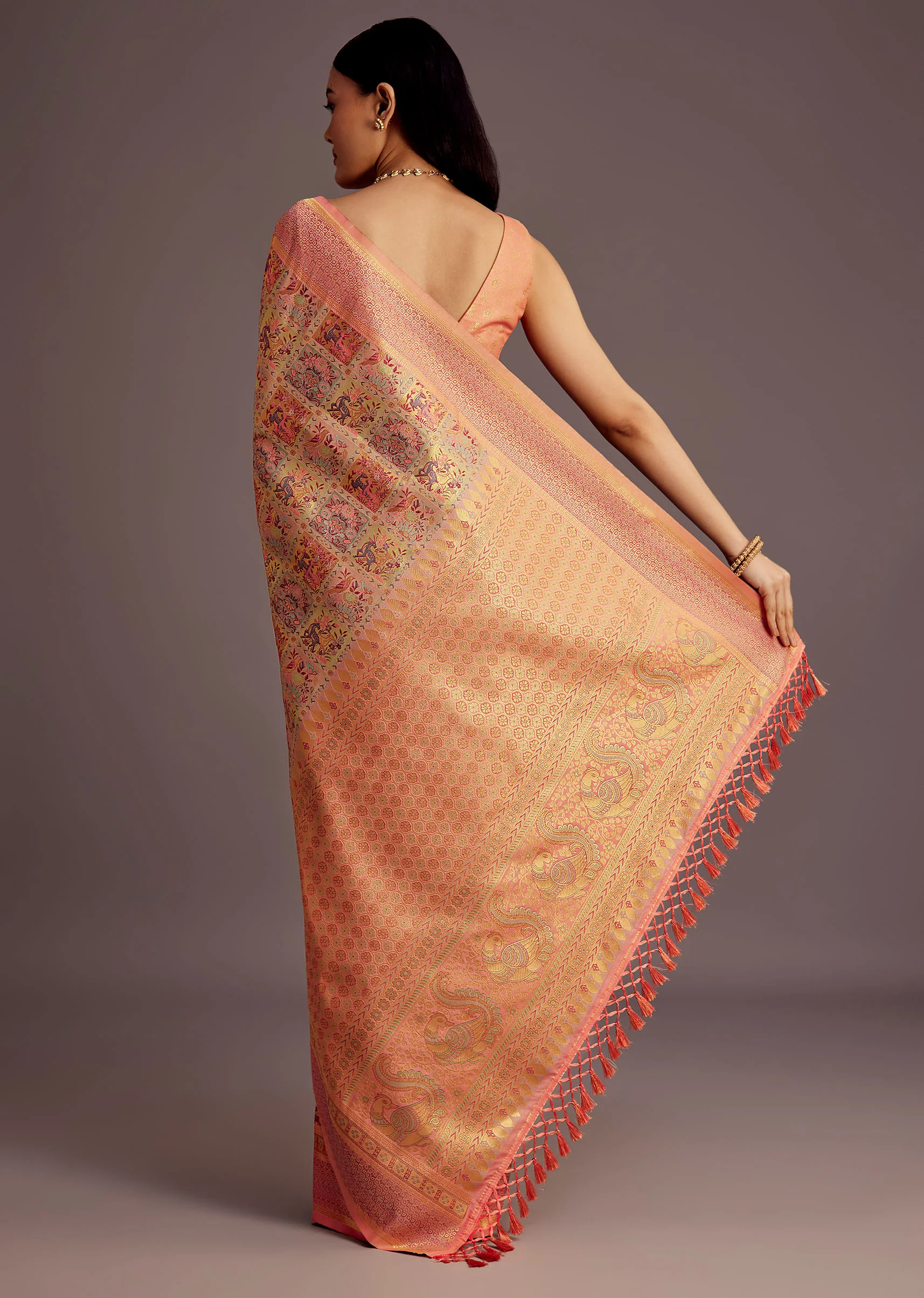 Pastel Orange Silk Saree With Woven Work - Image 6