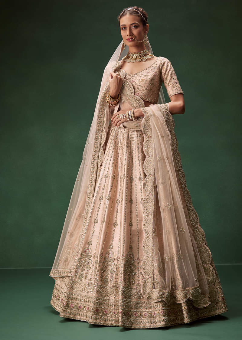 Pastel Pink Bridal Lehenga With Fully Embroidered Blouse And Layered Dupattas - Image 4