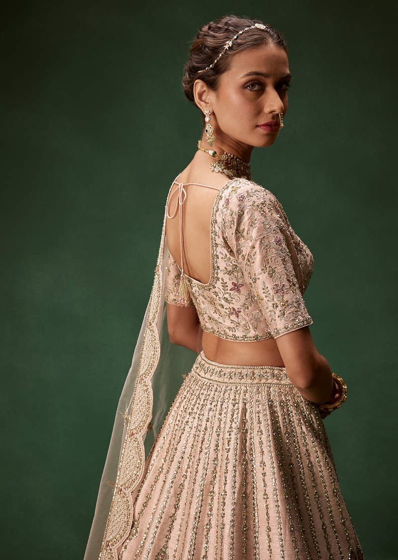 Pastel Pink Bridal Lehenga With Fully Embroidered Blouse And Layered Dupattas - Image 6