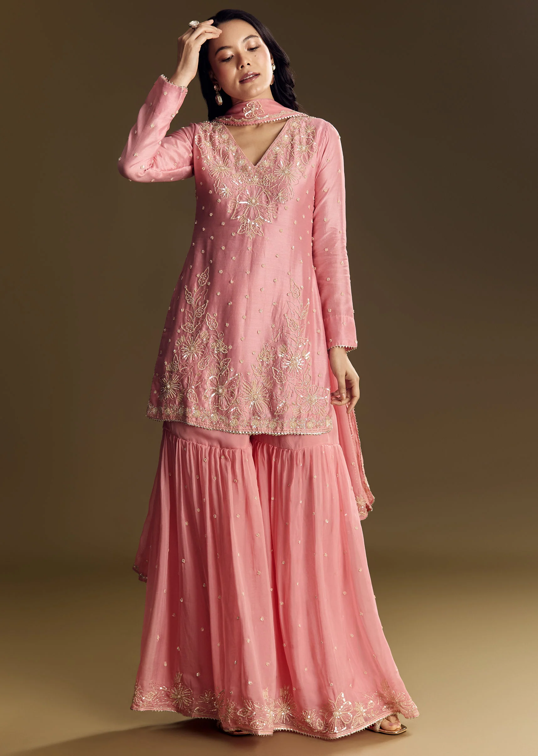 Pastel Pink Chanderi Sharara Suit With Cut Dana Sequins