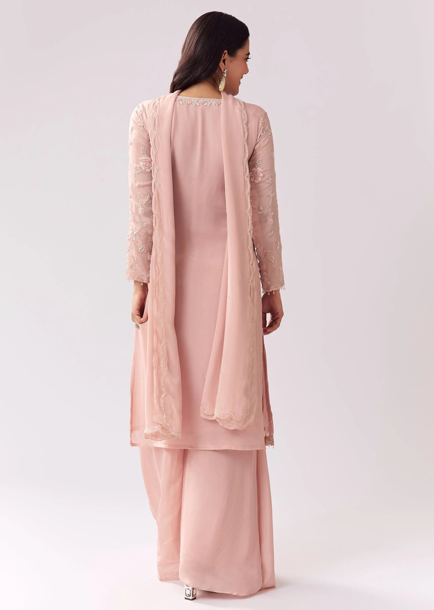 Pastel Pink Chinon Palazzo Suit With Thread And Cutdana - Image 5