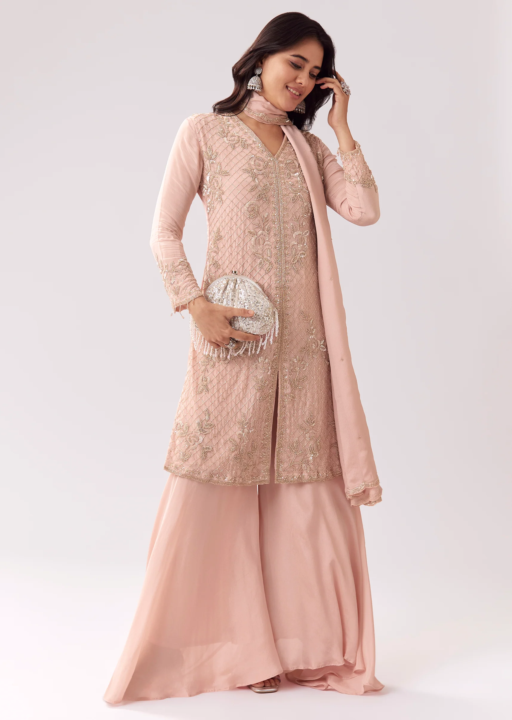 Pastel Pink Coordinated Look – Embellished Palazzo Suit For Her And Pink Chanderi Kashmiri Handwork Kurta For Him - Image 3