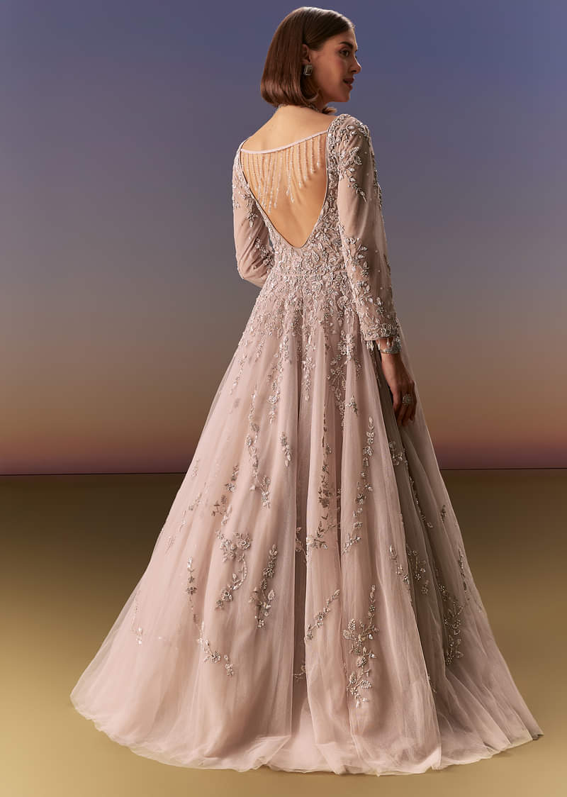 Pastel Pink Embroidered Gown With Full Sleeves - Image 2