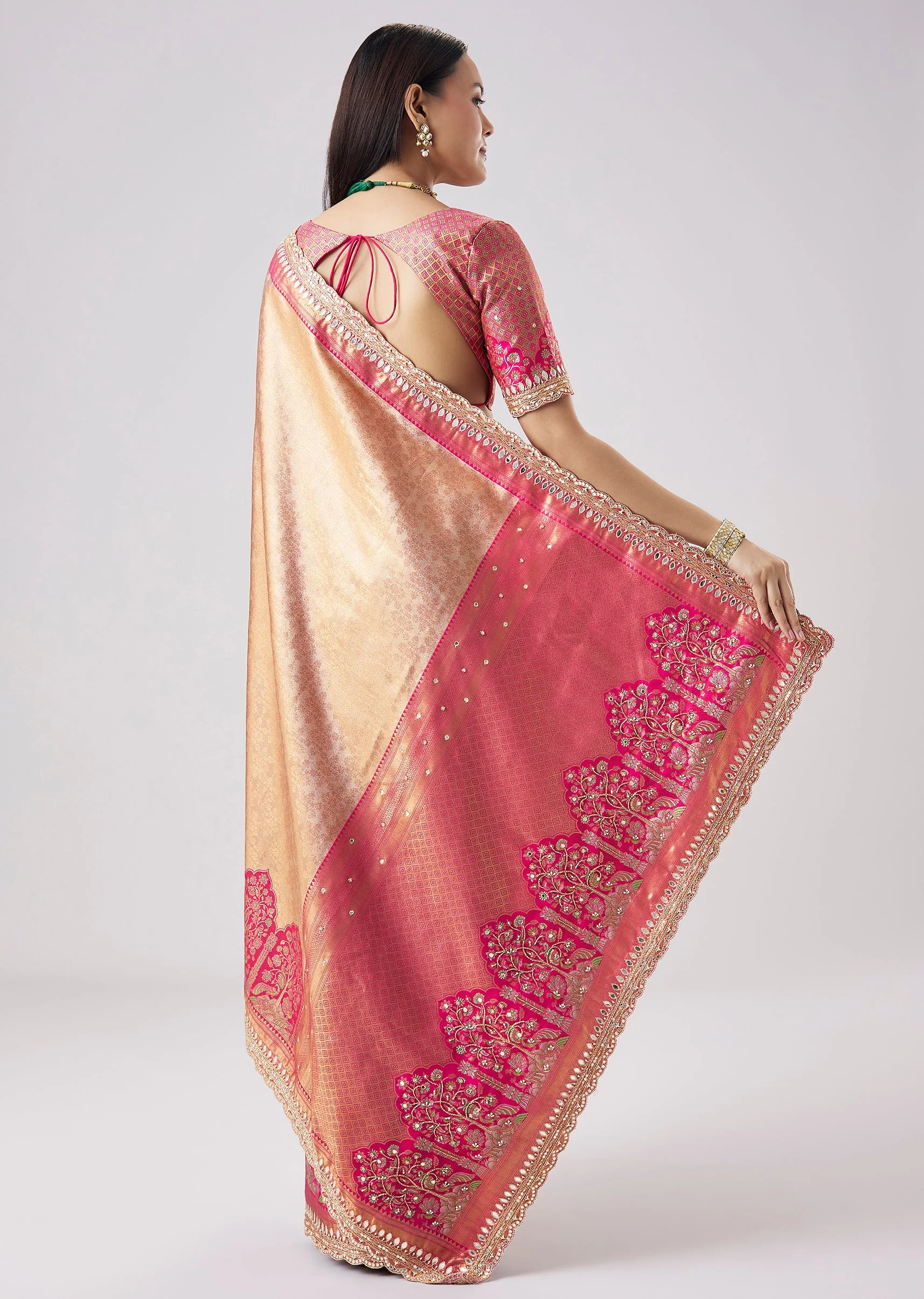 Pastel Pink Embroidered Saree With Unstitched Blouse - Image 4