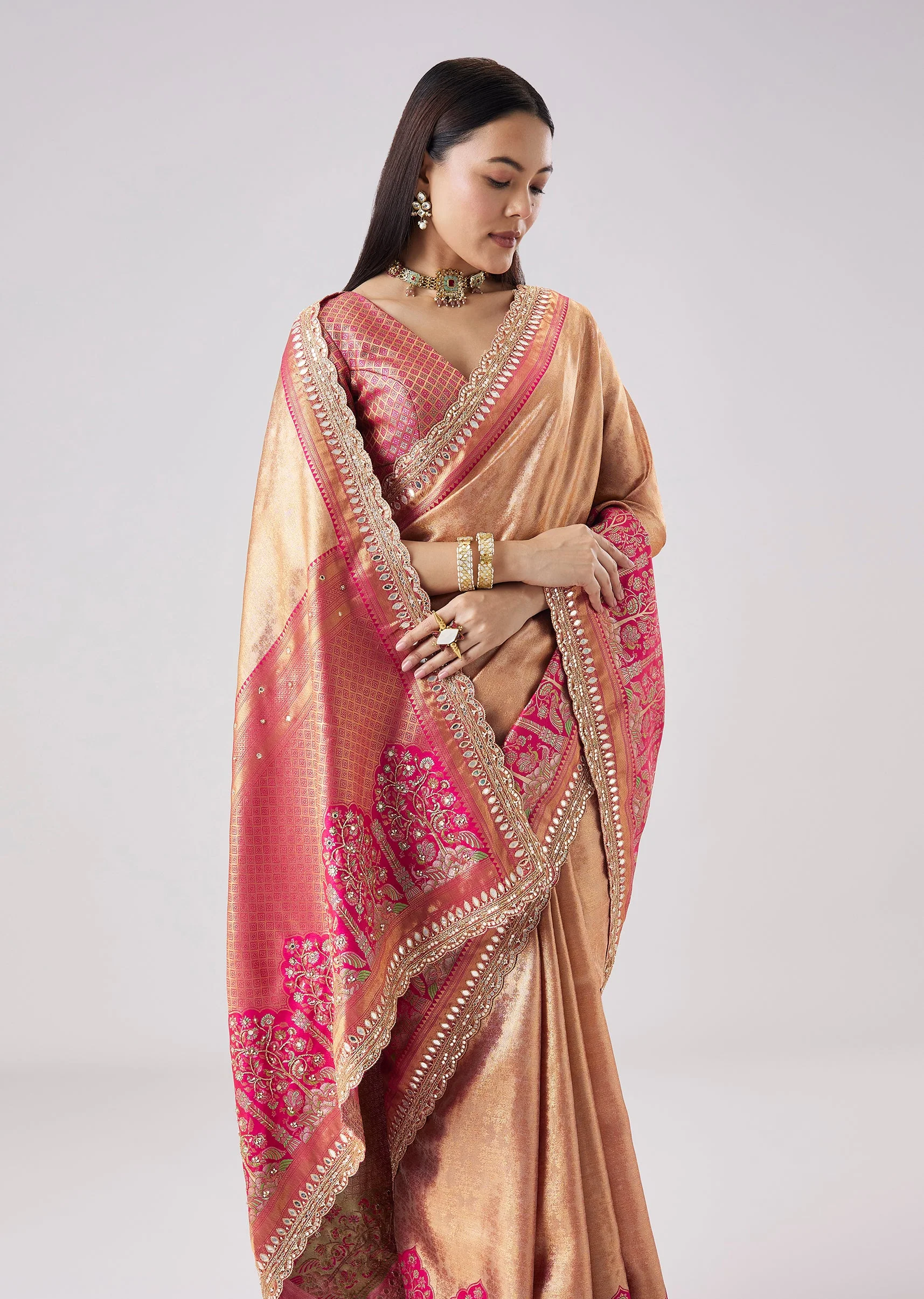 Pastel Pink Embroidered Saree With Unstitched Blouse - Image 5