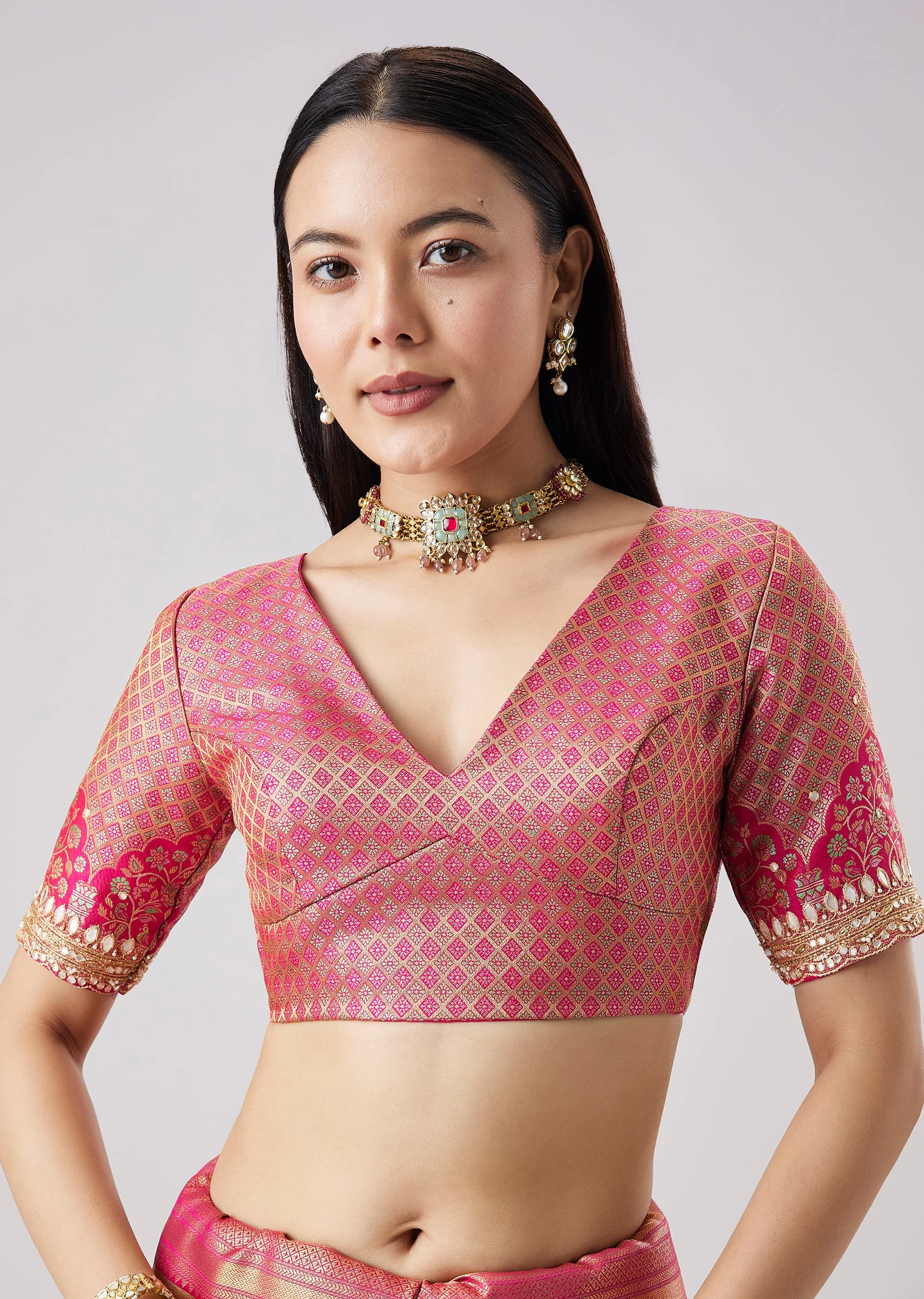 Pastel Pink Embroidered Saree With Unstitched Blouse - Image 7