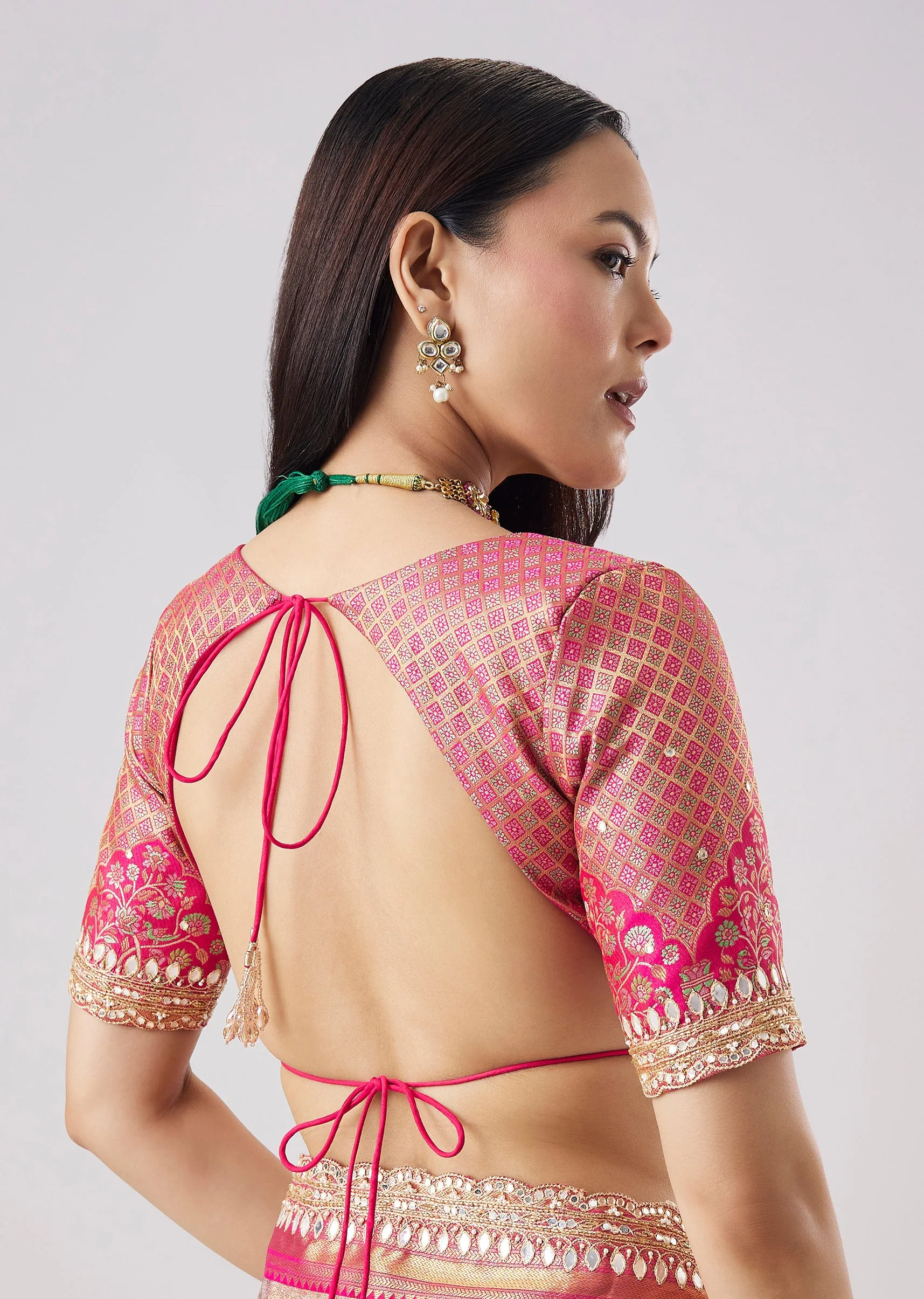 Pastel Pink Embroidered Saree With Unstitched Blouse - Image 8