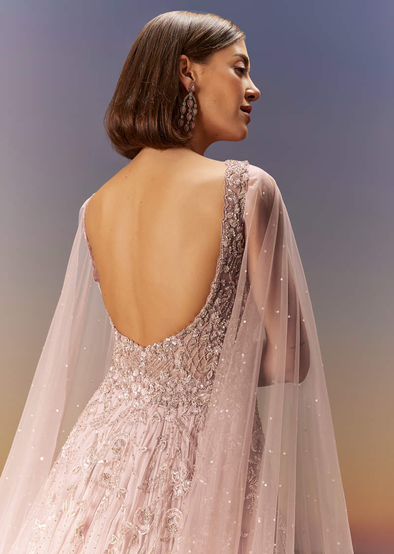 Pastel Pink Gown With Embellished Shoulder Cape Trails - Image 6