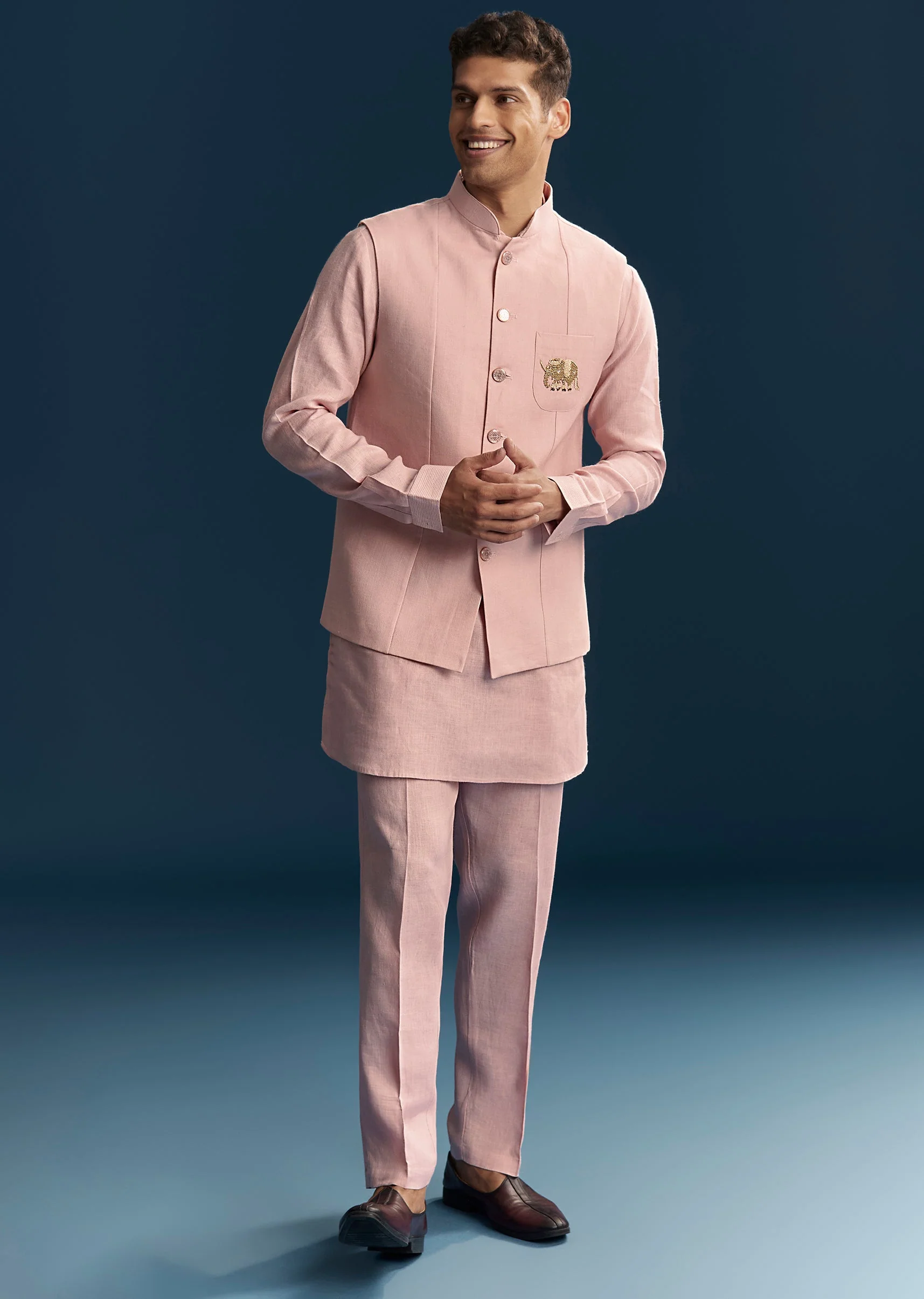 Pastel Pink Silk Kurta Jacket Set With Thread Detail Work - Image 3