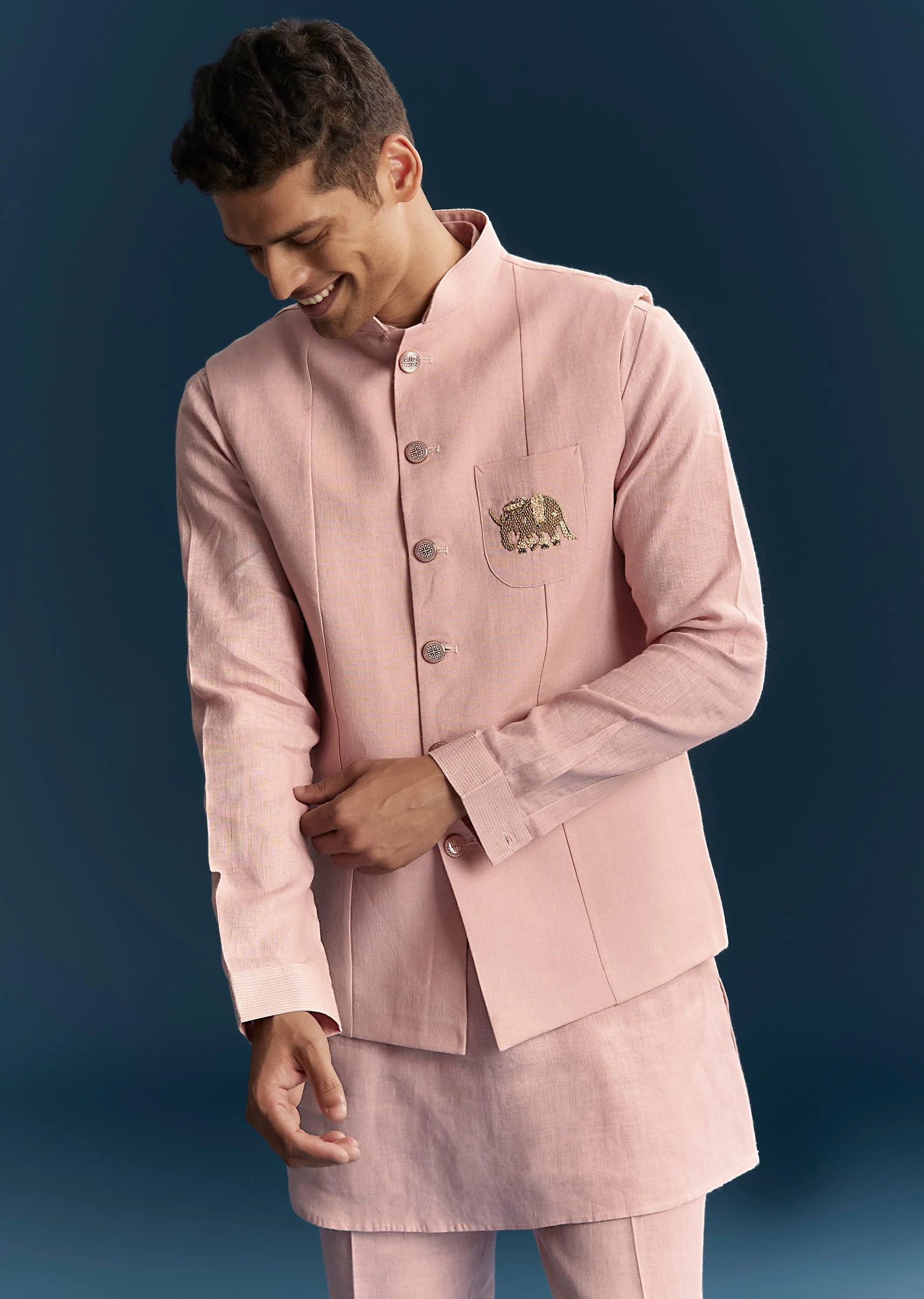 Pastel Pink Silk Kurta Jacket Set With Thread Detail Work - Image 4