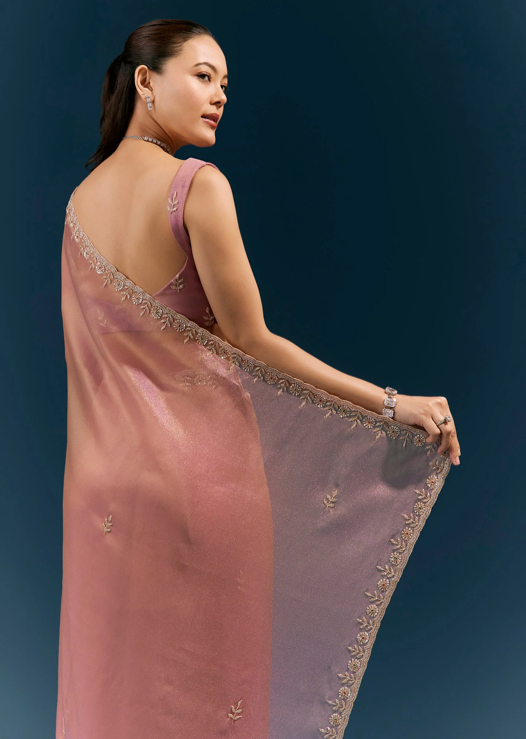 Pastel Pink Tissue Saree With Scallop Border Cutda Work And Stone Highlights - Image 6