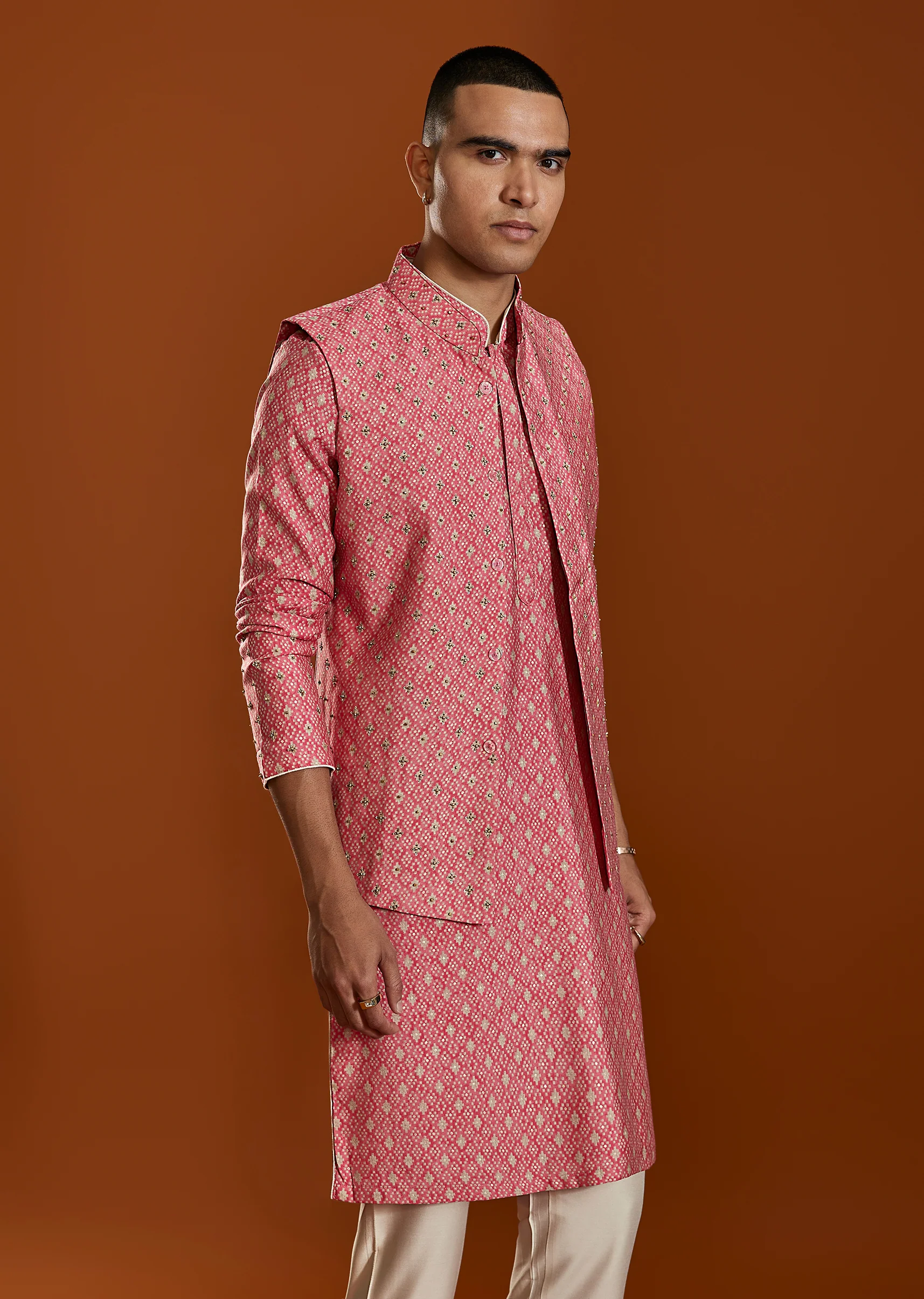 Pastel Statement Duo – Peplum Palazzo Set For Her And Jacket Kurta Set For Him - Image 10