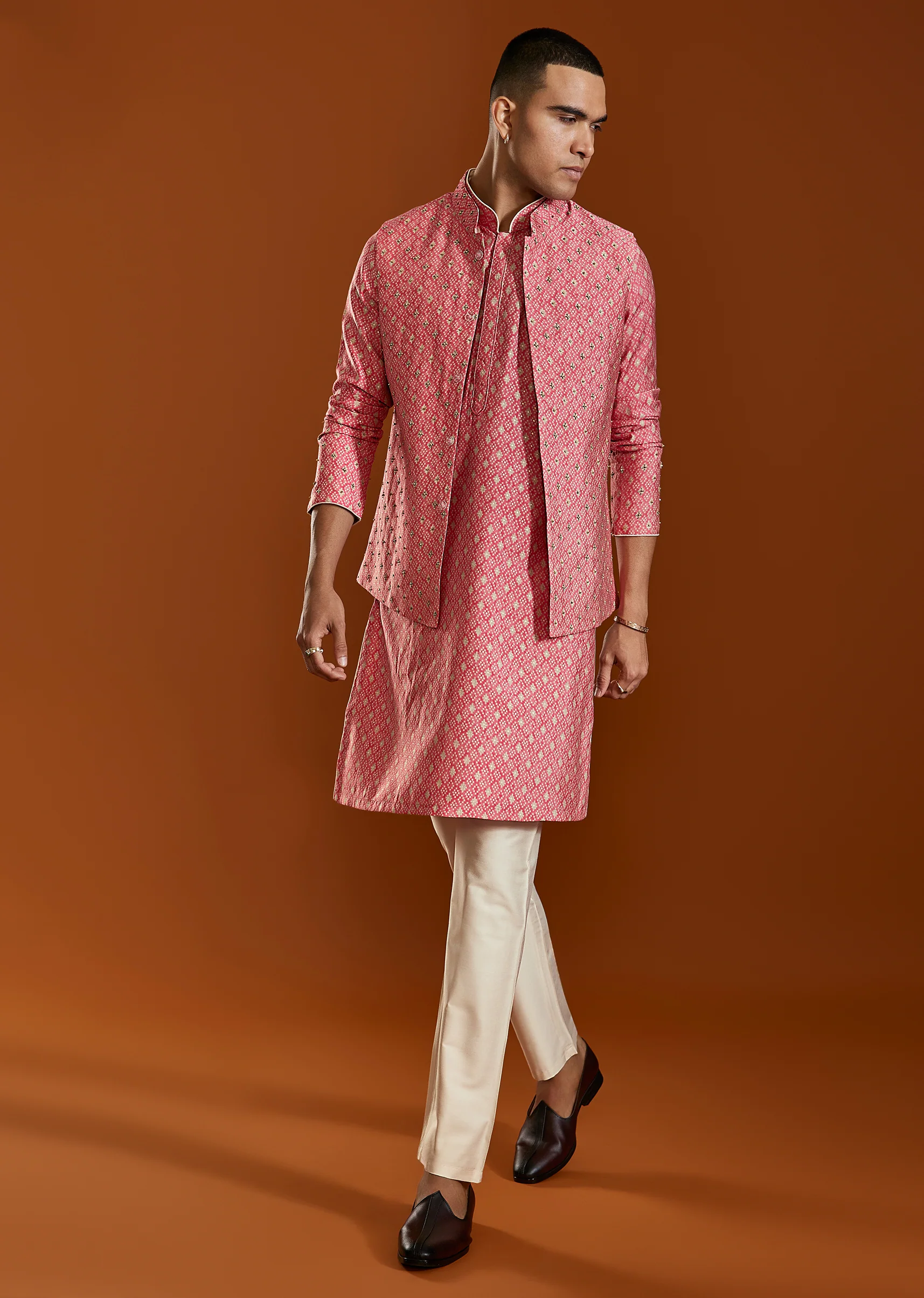 Pastel Statement Duo – Peplum Palazzo Set For Her And Jacket Kurta Set For Him - Image 11