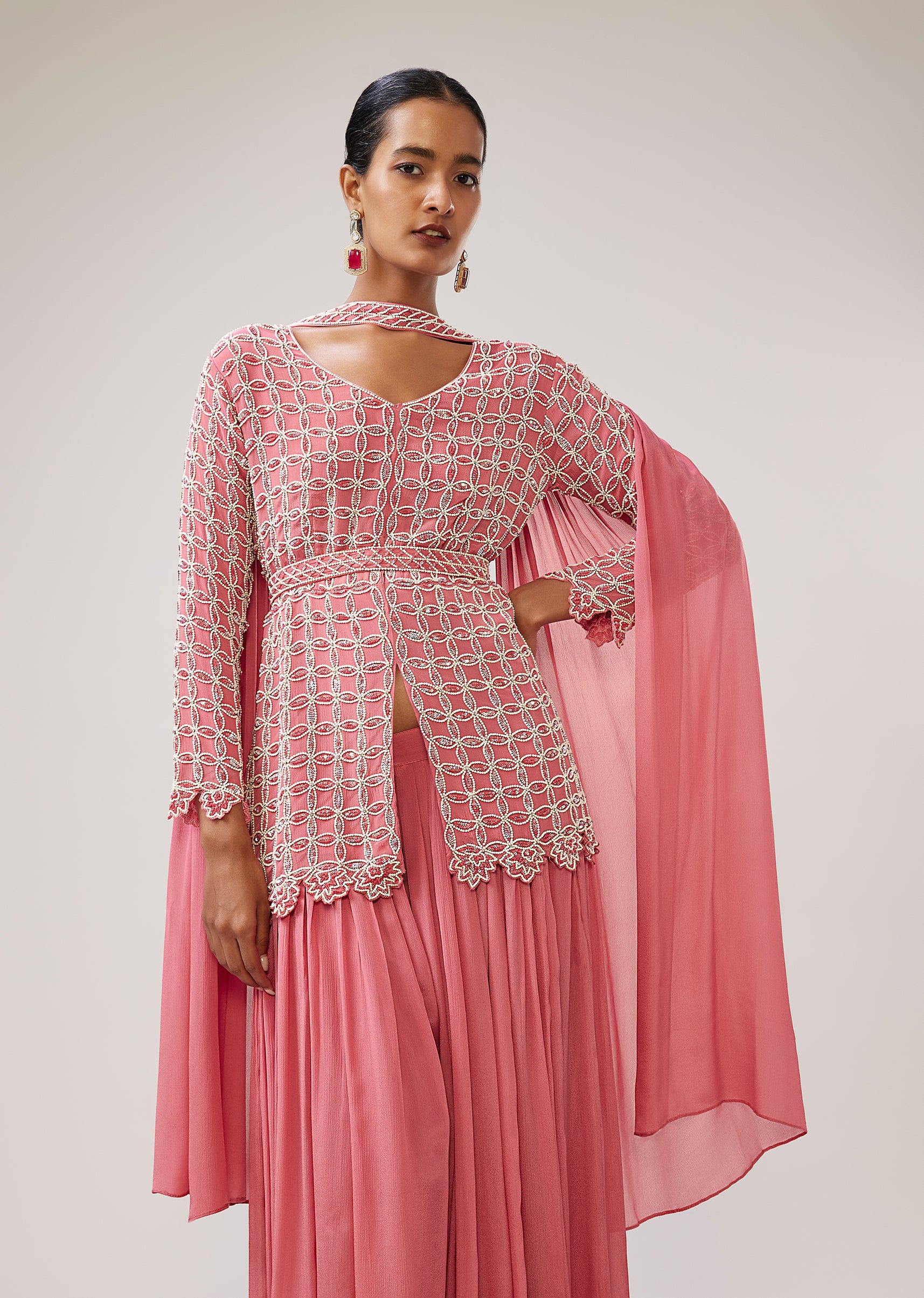 Pastel Statement Duo – Peplum Palazzo Set For Her And Jacket Kurta Set For Him - Image 3