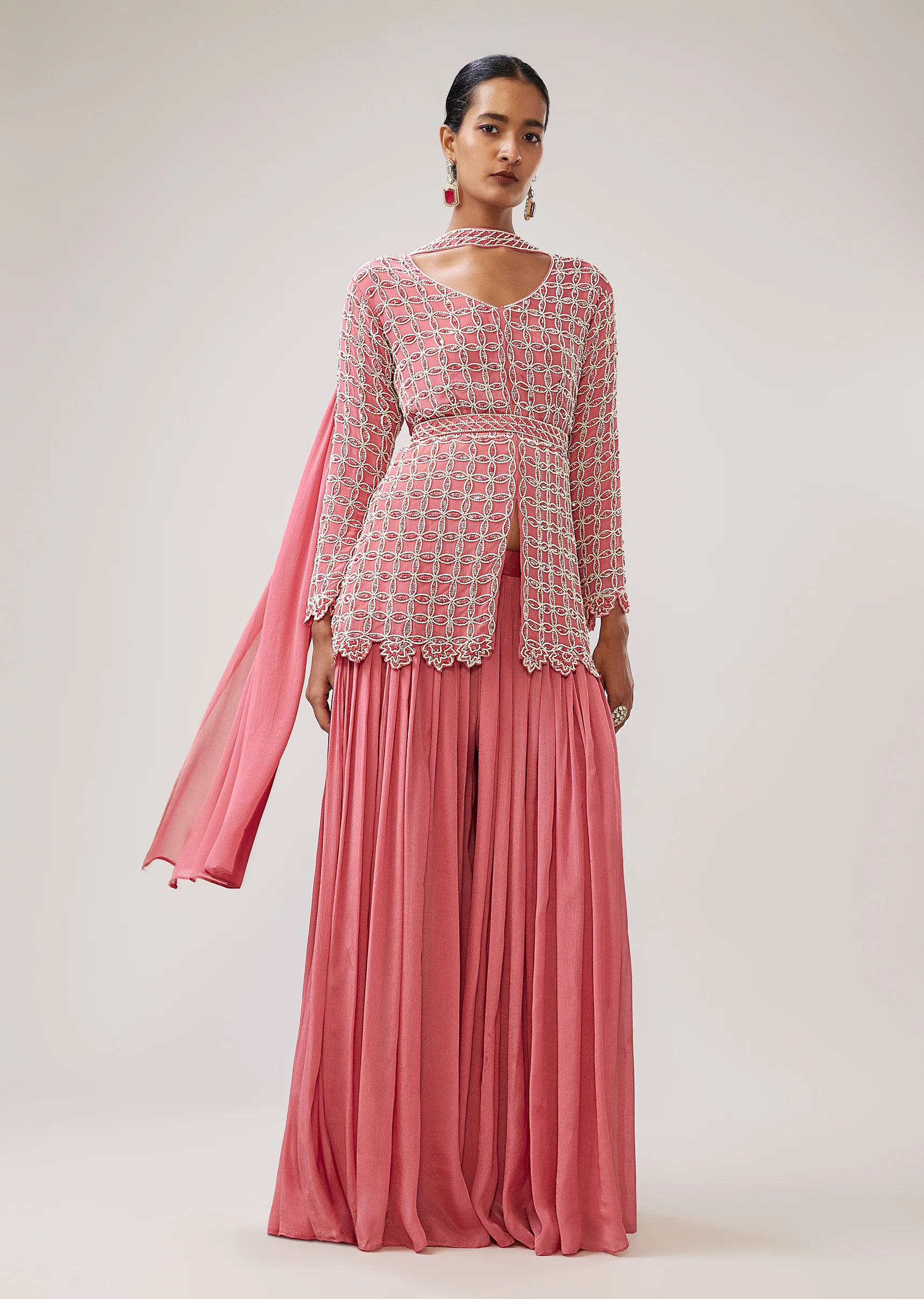 Pastel Statement Duo – Peplum Palazzo Set For Her And Jacket Kurta Set For Him - Image 4