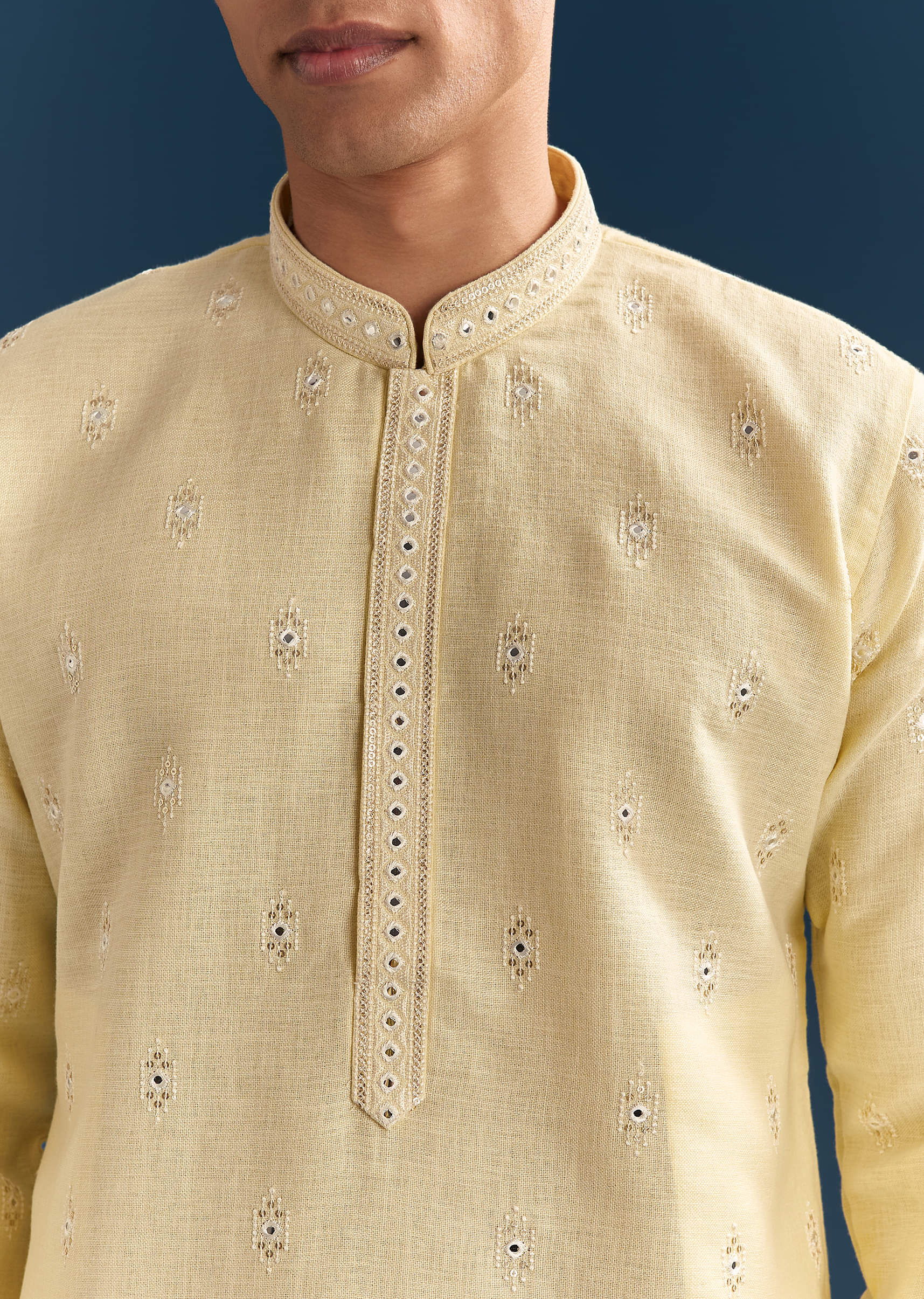 Pastel Yellow Silk Kurta Set For Men With Mirror Work - Image 2