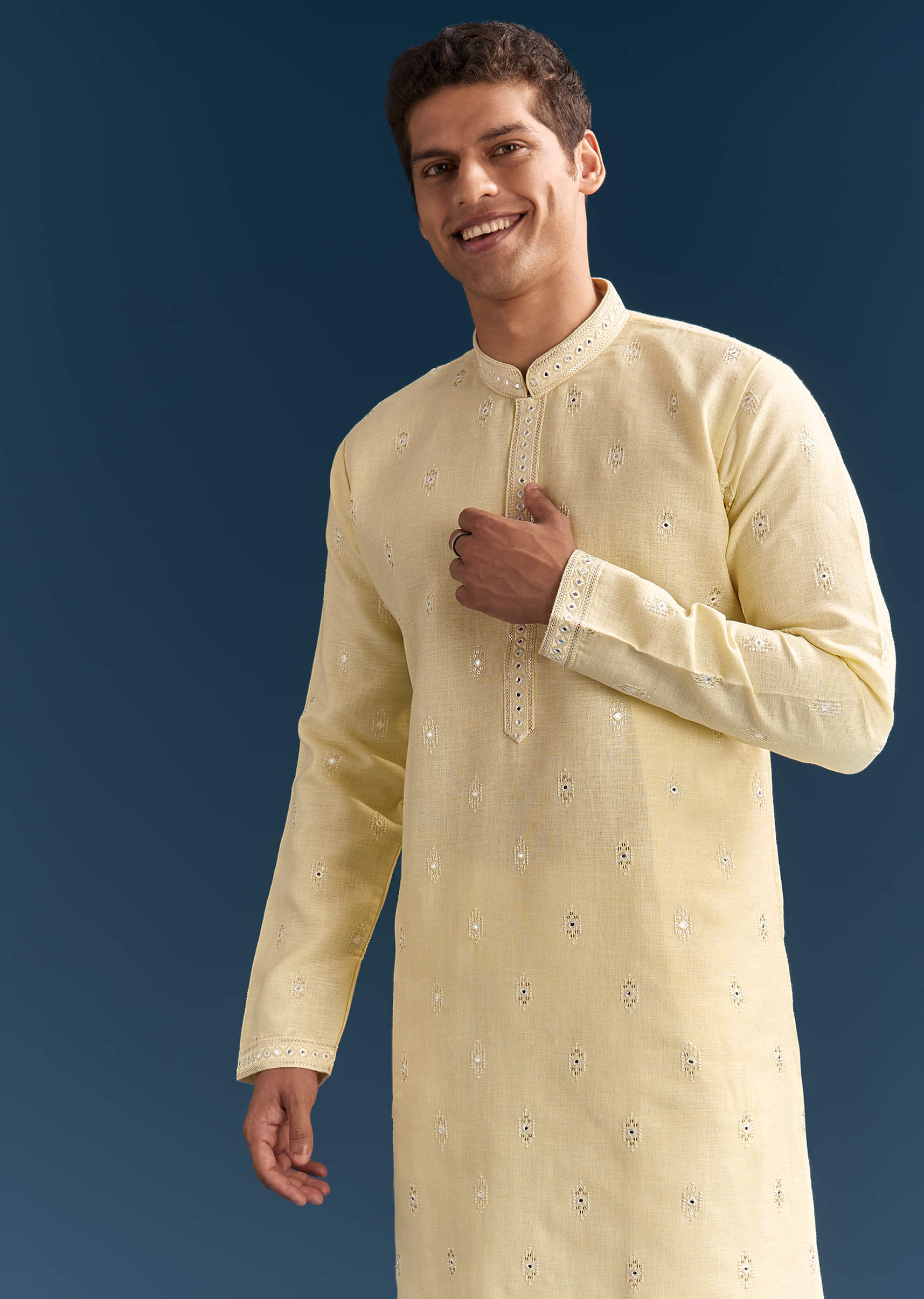Pastel Yellow Silk Kurta Set For Men With Mirror Work - Image 4