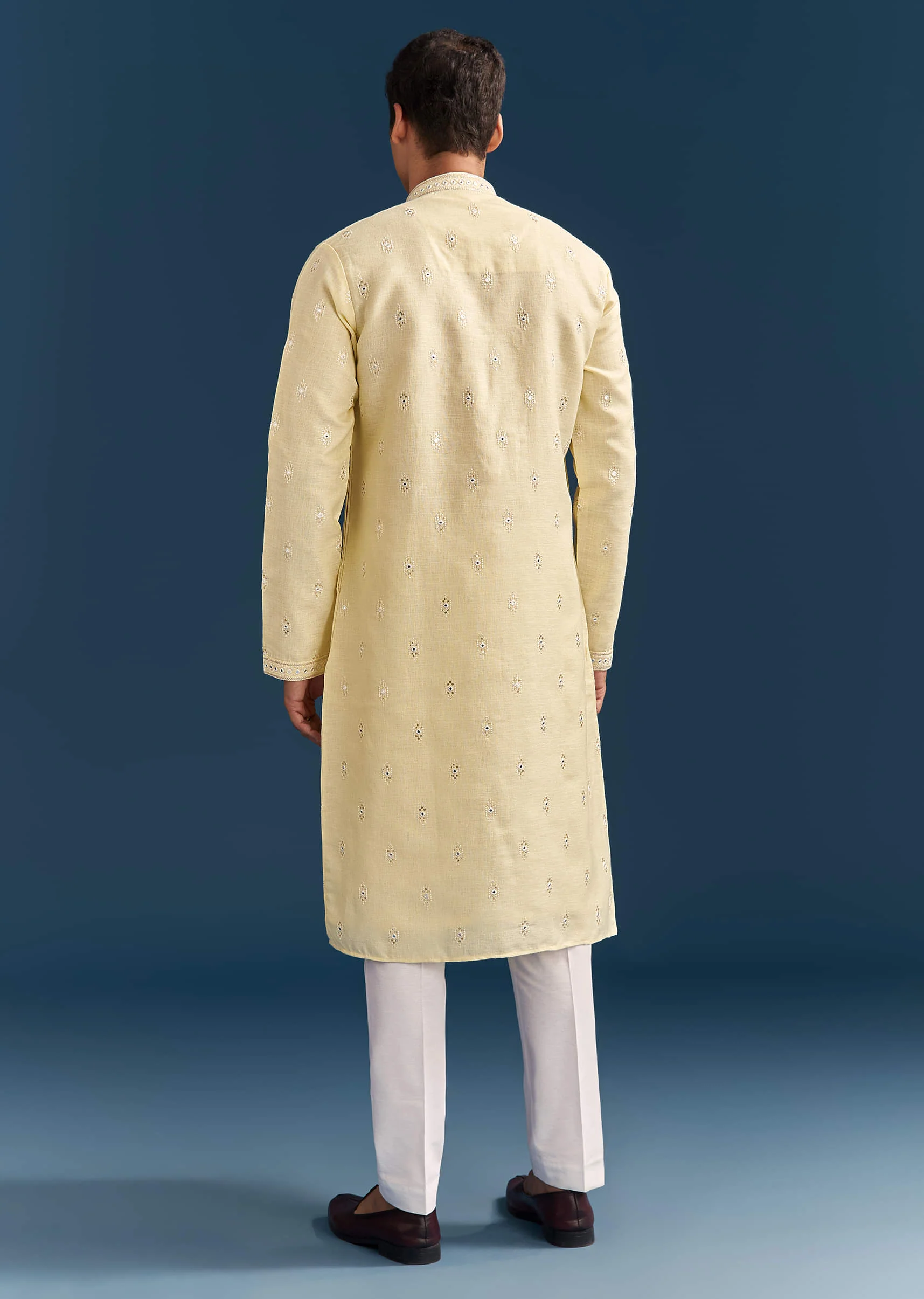 Pastel Yellow Silk Kurta Set For Men With Mirror Work - Image 5