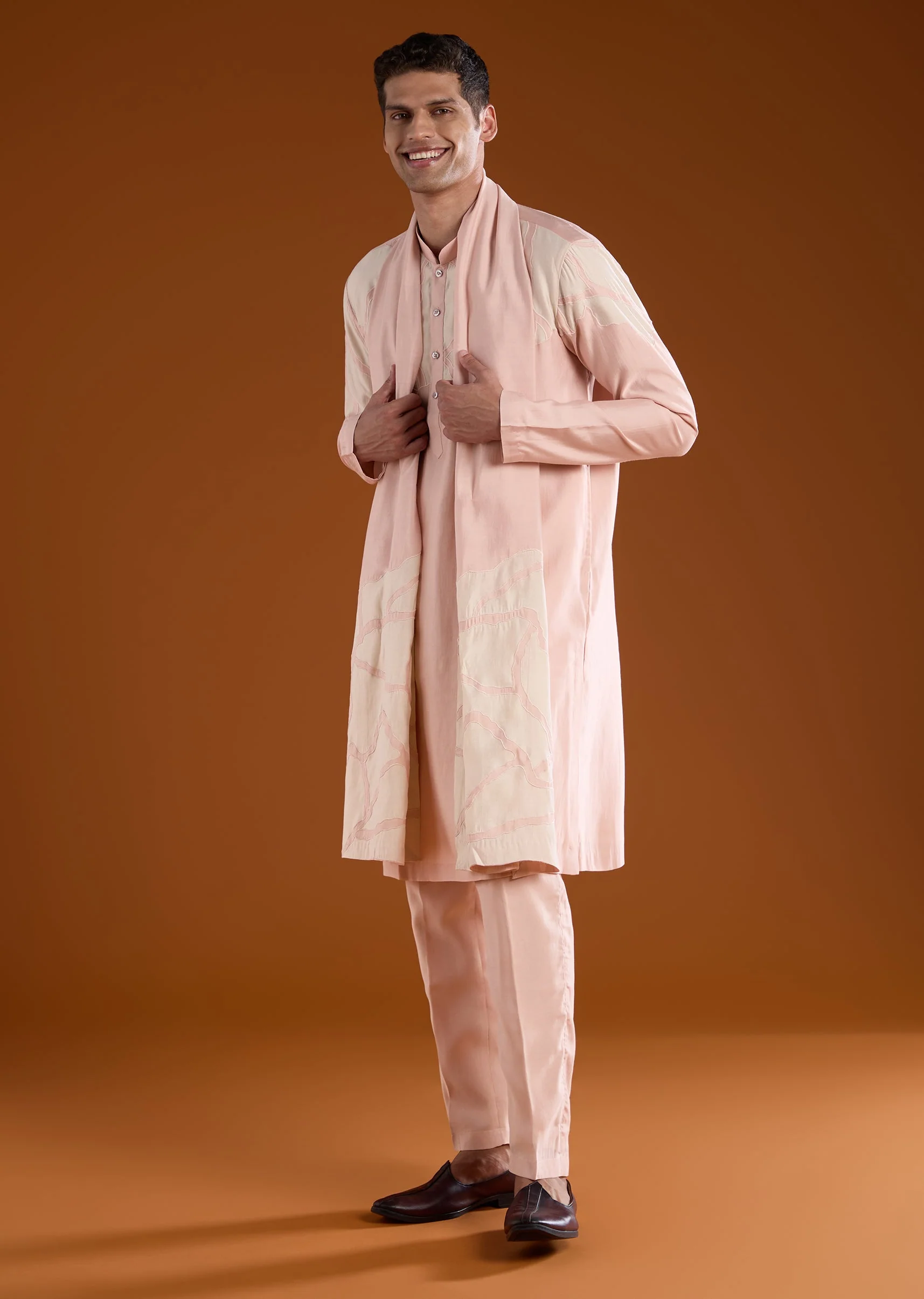 Peach Appliue Embroidered Mens Kurta Pant Set - Image 3