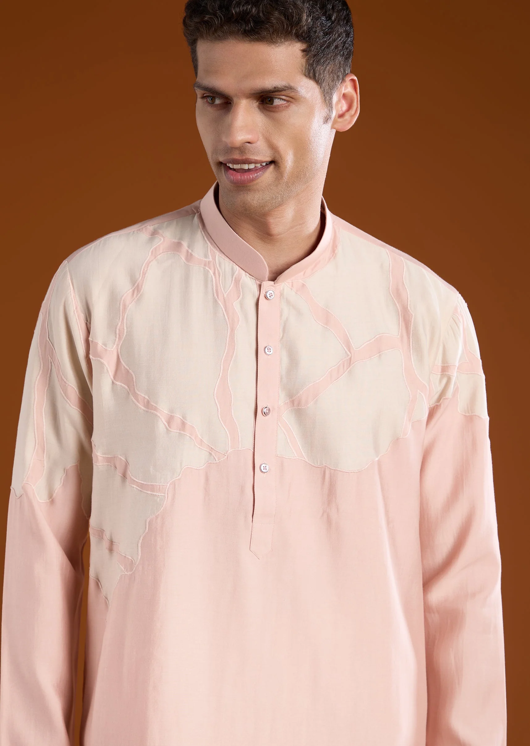 Peach Appliue Embroidered Mens Kurta Pant Set - Image 5