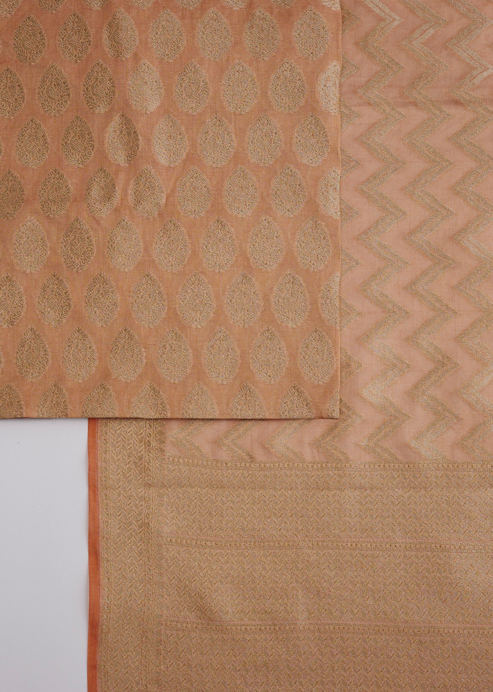 Peach Banarasi Brocade Silk Unstitched Suit Set With Dupatta - Image 3