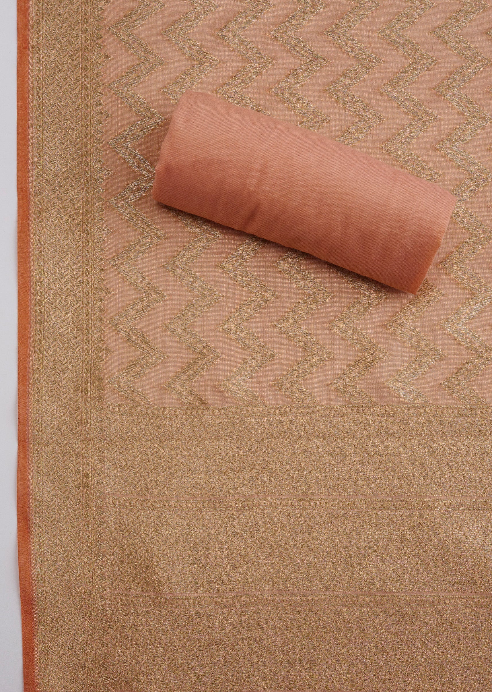 Peach Banarasi Brocade Silk Unstitched Suit Set With Dupatta - Image 4