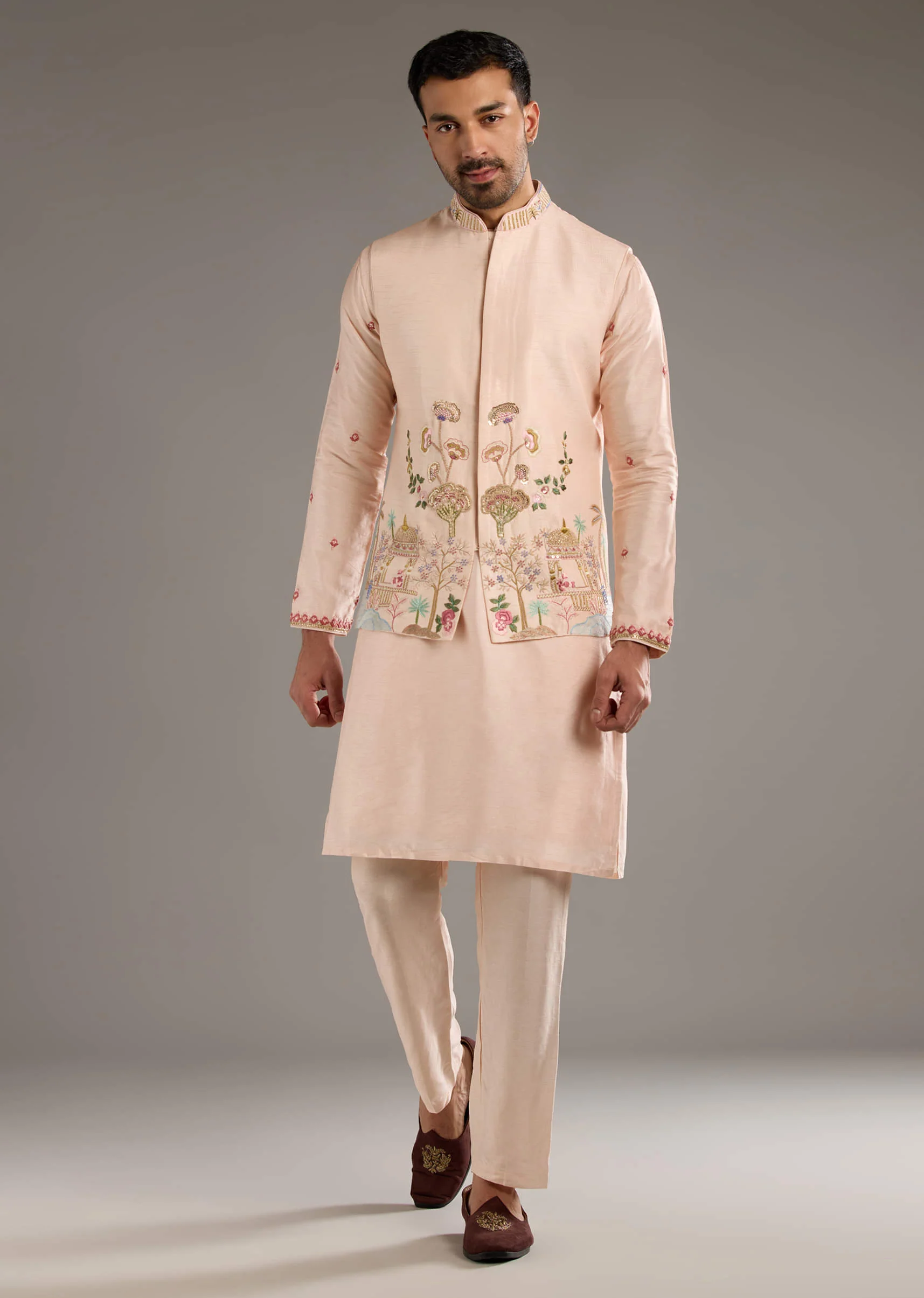 Peach Banarasi Silk Kurta Jacket Set For Men With Heavy Hand Embroidery