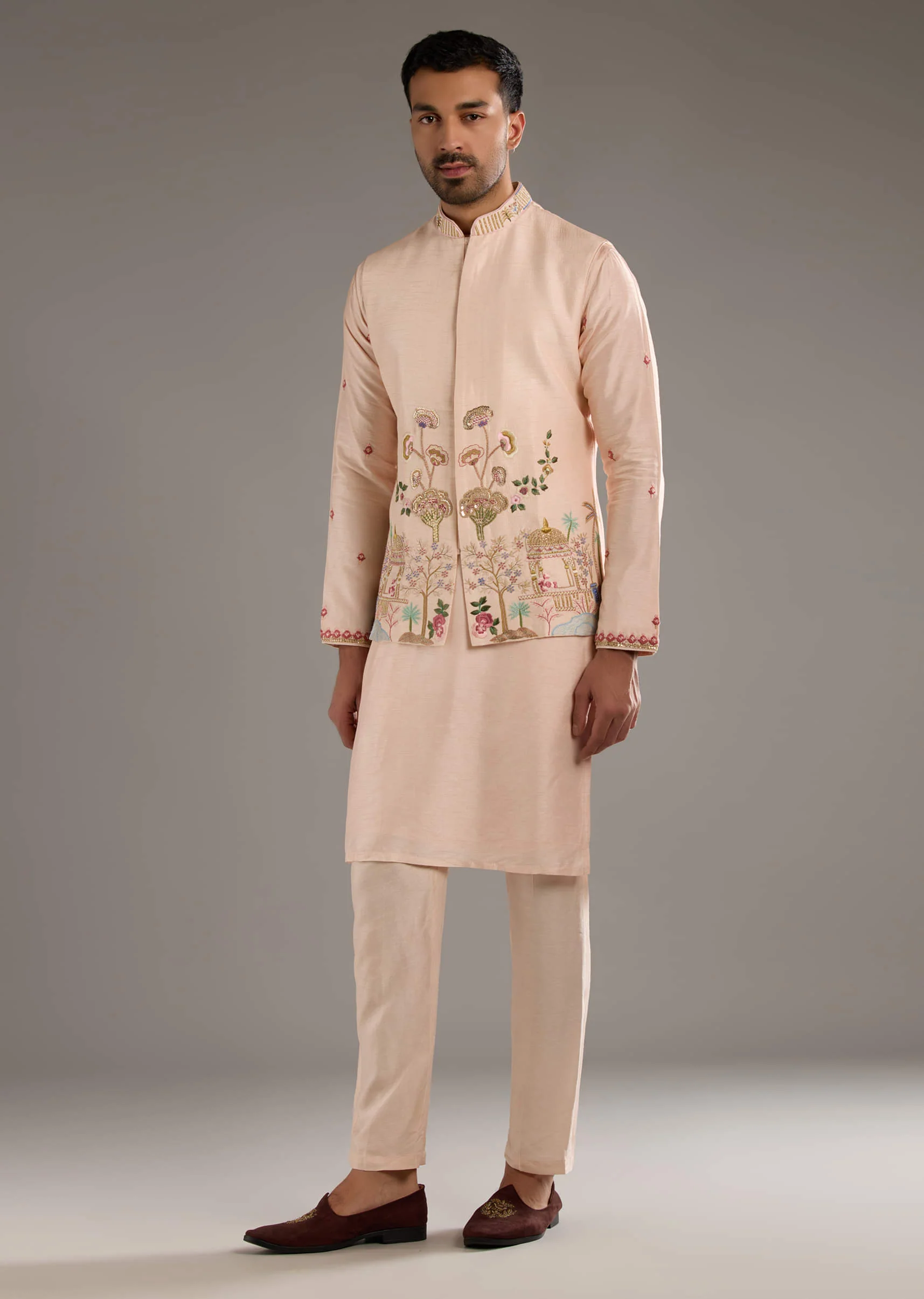 Peach Banarasi Silk Kurta Jacket Set For Men With Heavy Hand Embroidery - Image 3