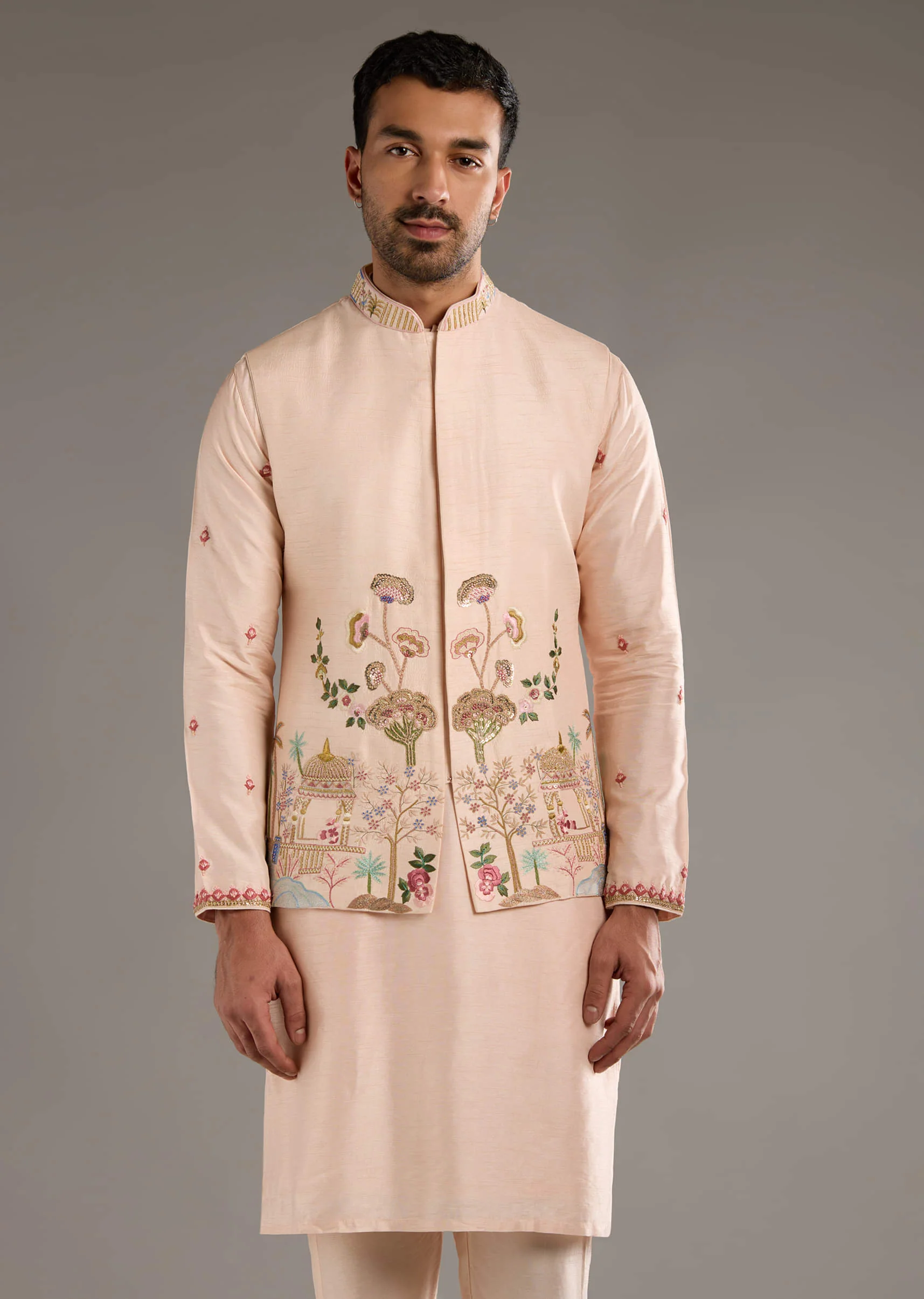 Peach Banarasi Silk Kurta Jacket Set For Men With Heavy Hand Embroidery - Image 4