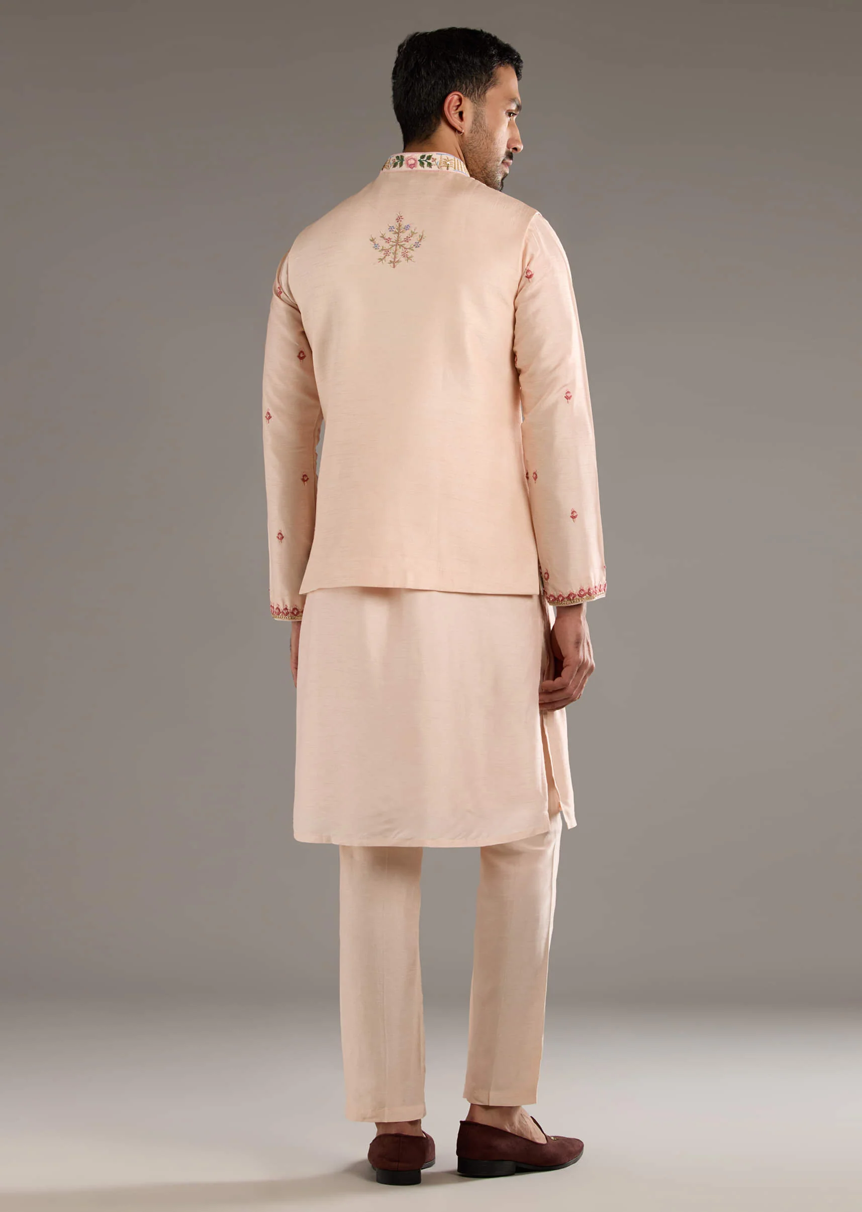 Peach Banarasi Silk Kurta Jacket Set For Men With Heavy Hand Embroidery - Image 5