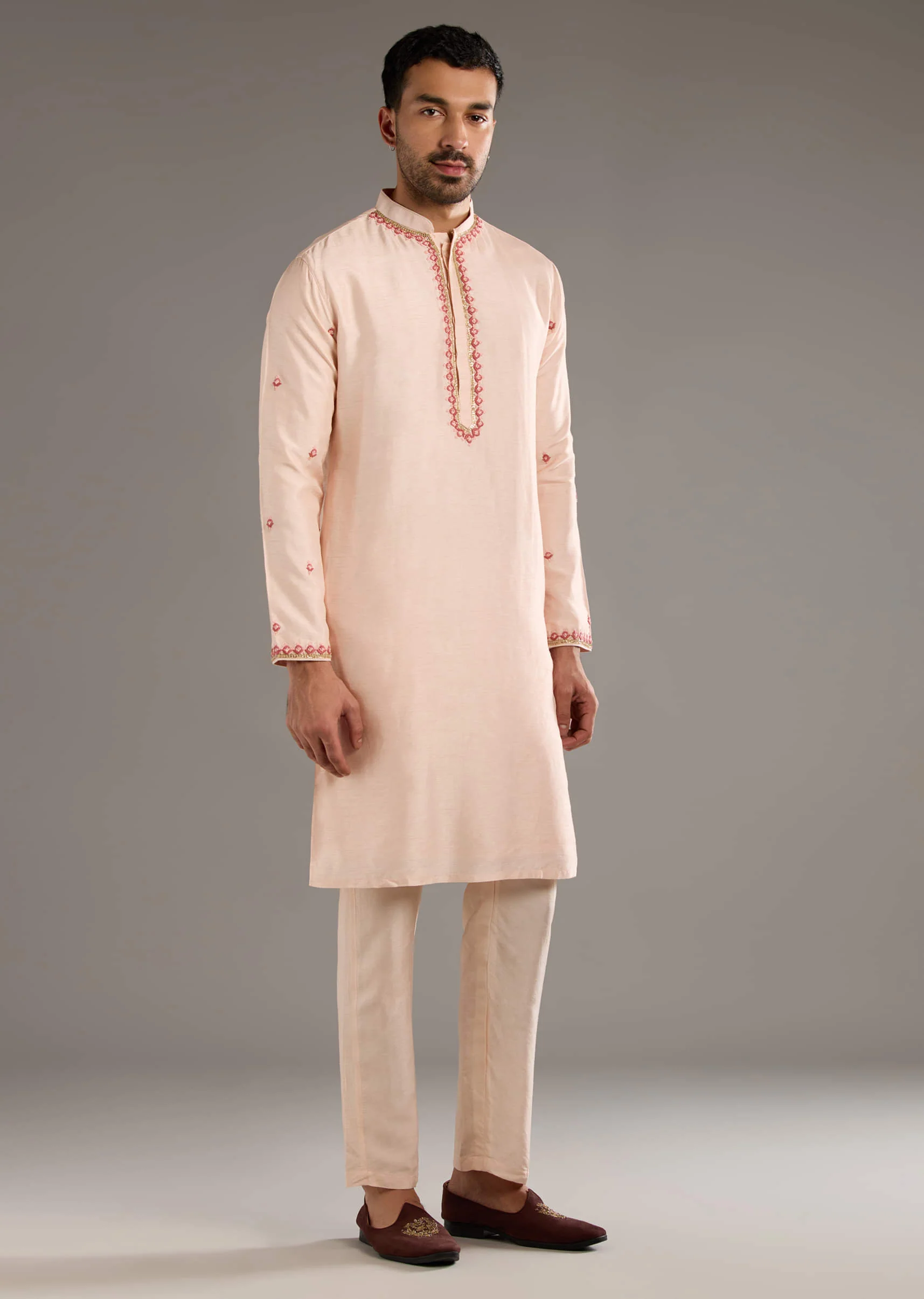 Peach Banarasi Silk Kurta Jacket Set For Men With Heavy Hand Embroidery - Image 6