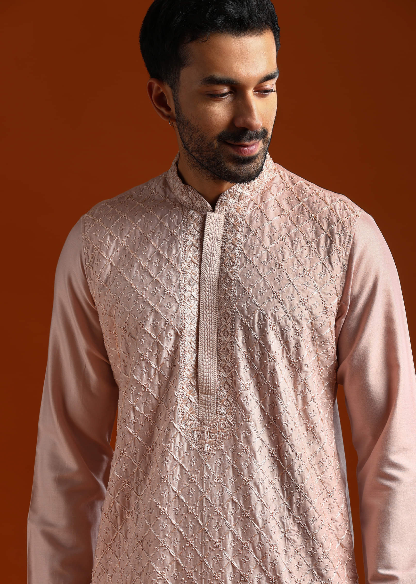 Peach Banarasi Silk Kurta Set For Men With Heavy Hand Embroidery - Image 3