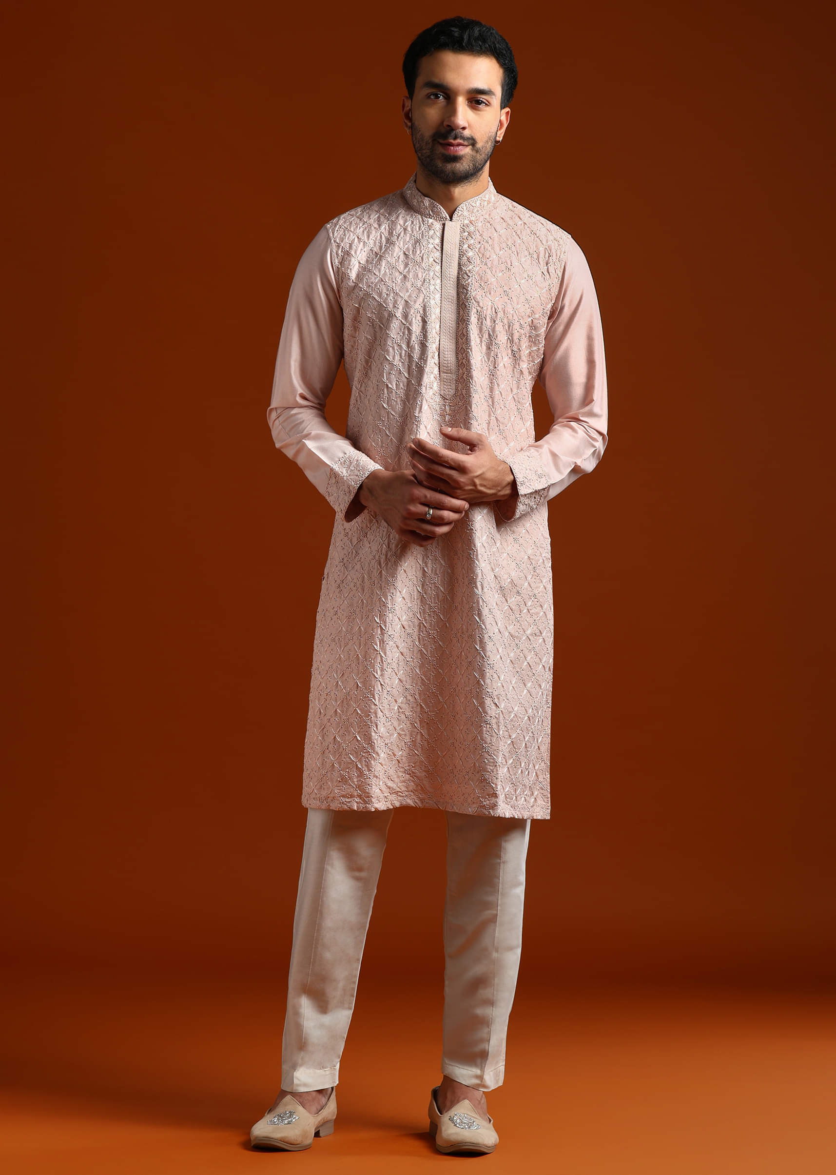 Peach Banarasi Silk Kurta Set For Men With Heavy Hand Embroidery - Image 4