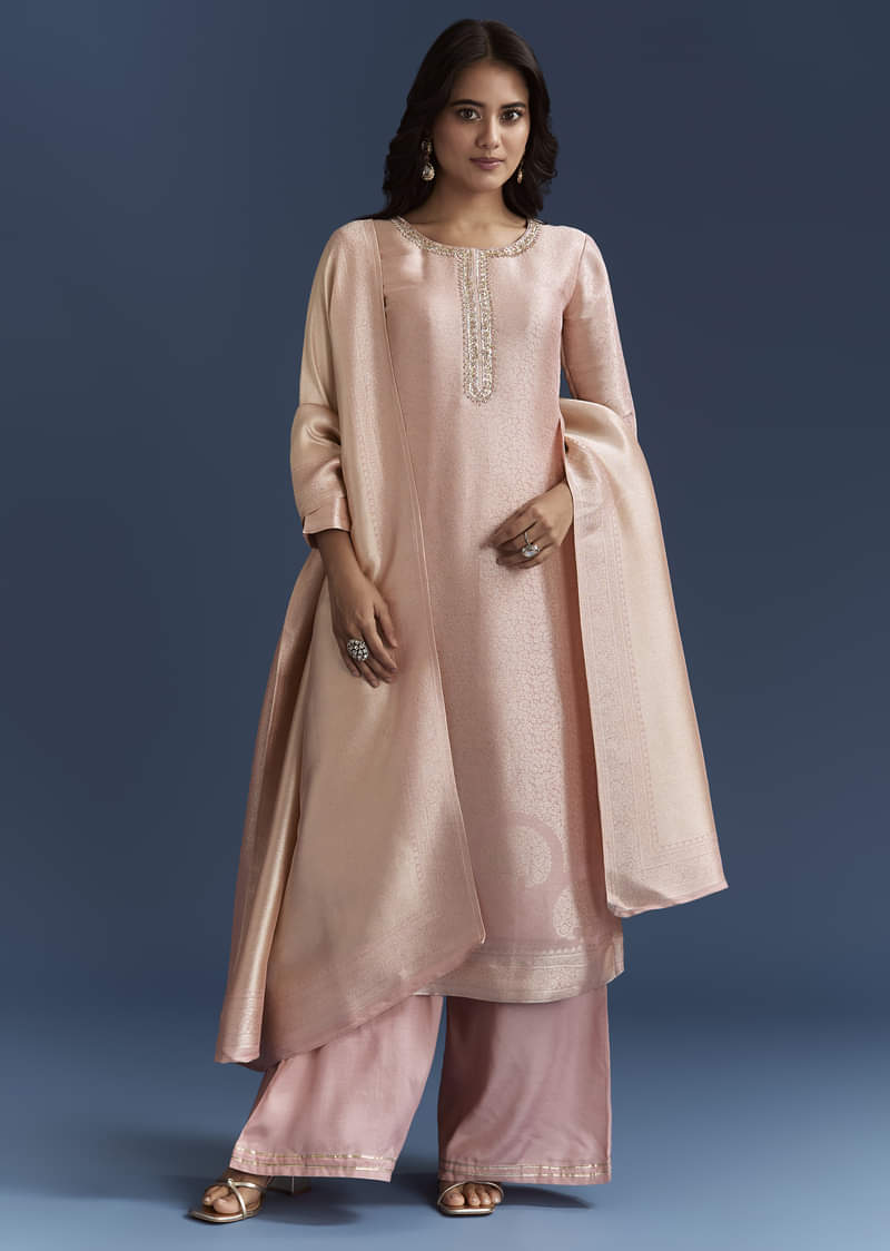 Peach Banarasi Tissue Kurta Set With Zardosi Neckline - Image 2