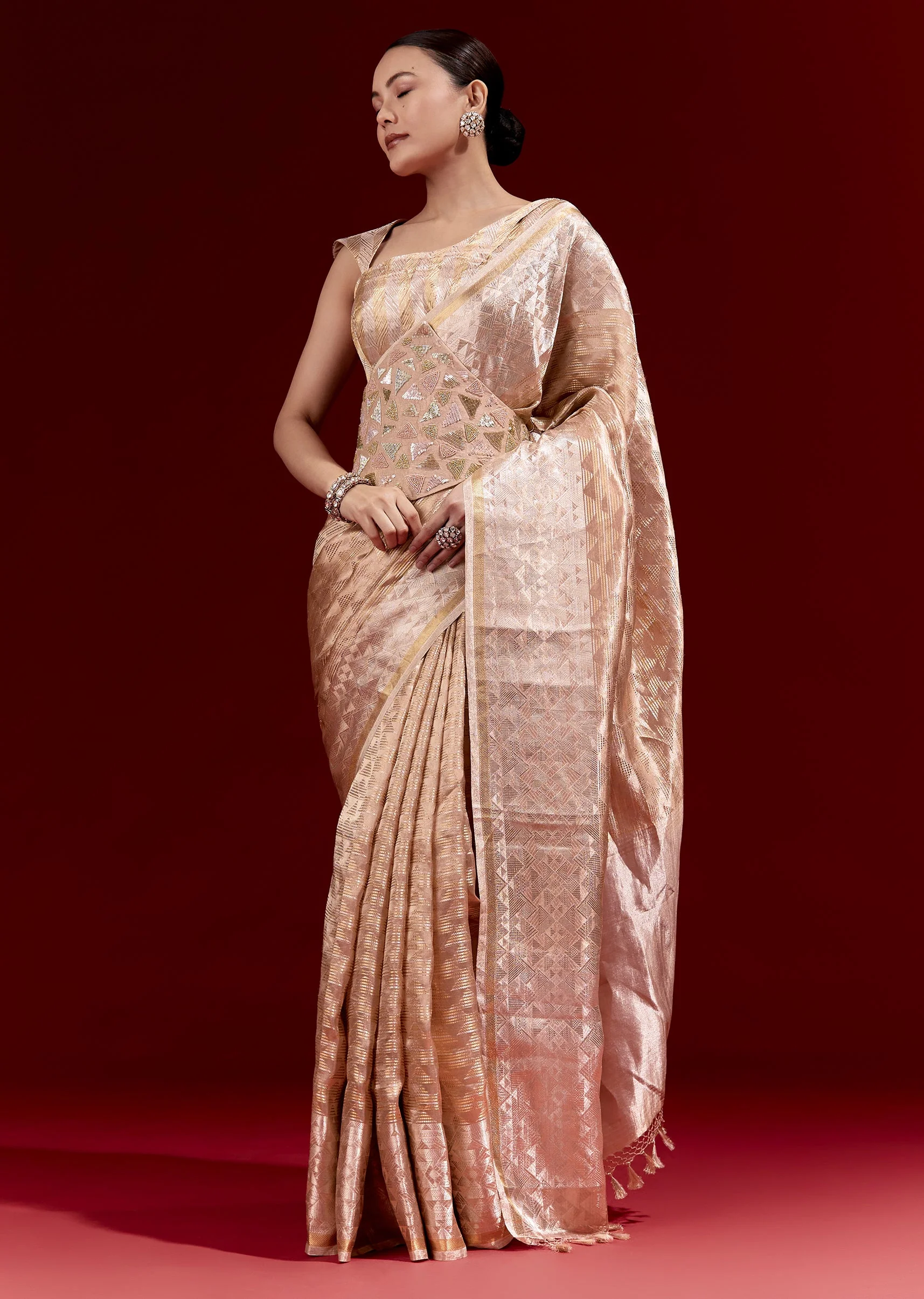 Peach Banarasi Tissue Saree With Broad Border Geometric Stripes And Embroidered Belt - Image 3