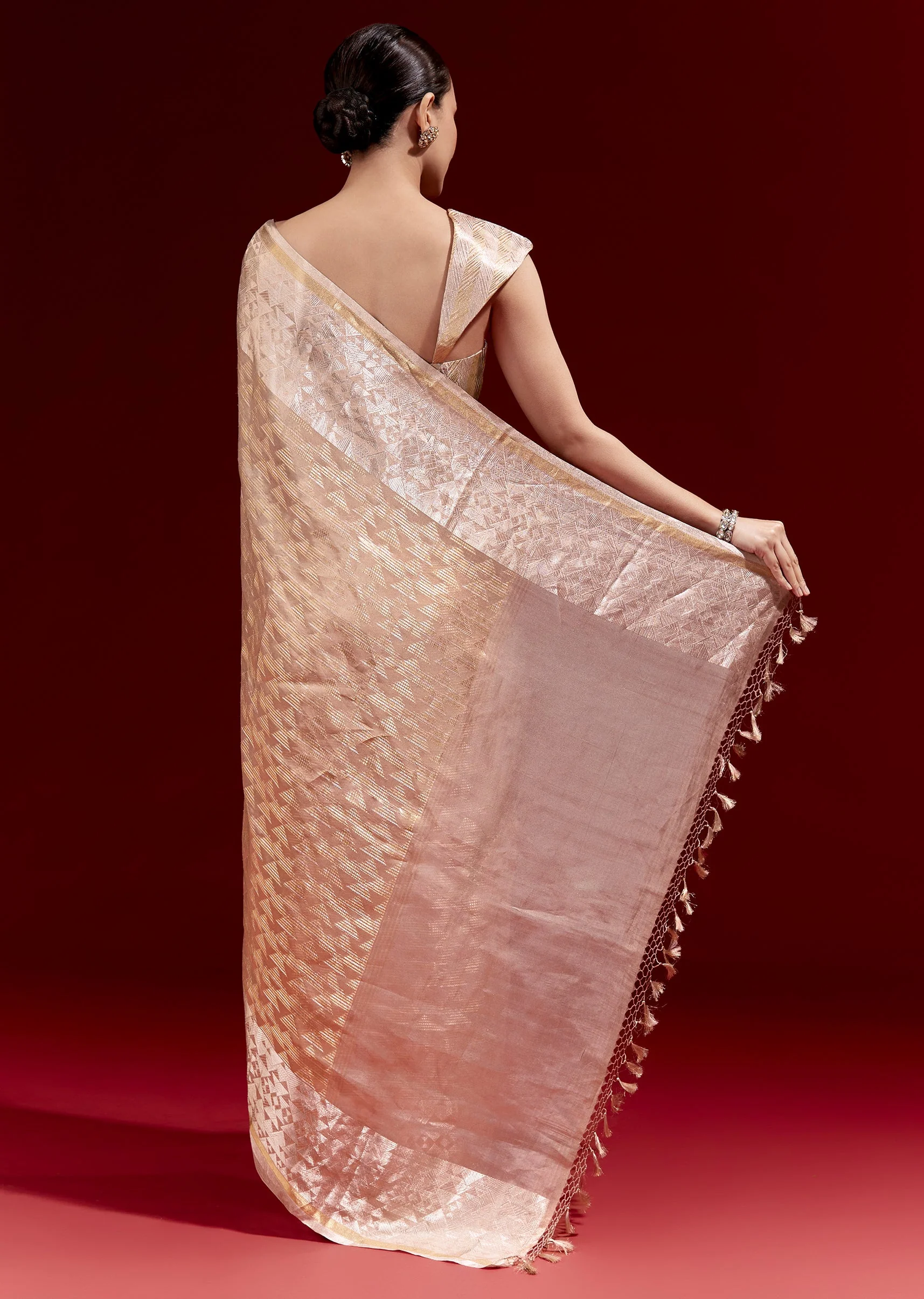 Peach Banarasi Tissue Saree With Broad Border Geometric Stripes And Embroidered Belt - Image 4