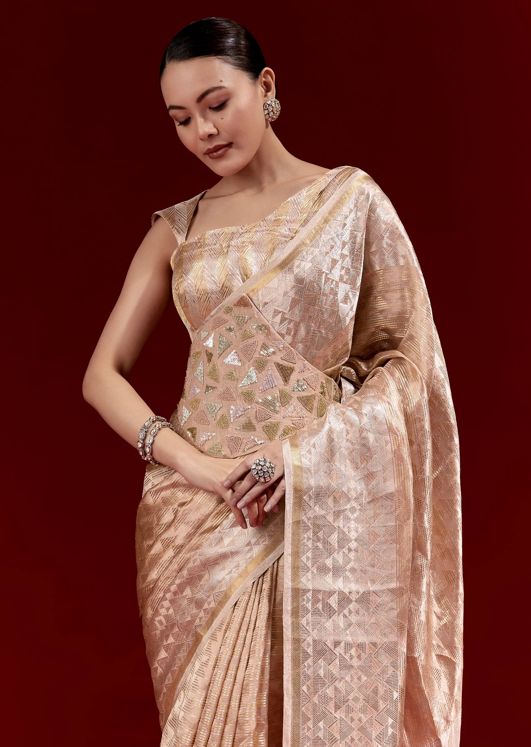 Peach Banarasi Tissue Saree With Broad Border Geometric Stripes And Embroidered Belt - Image 5