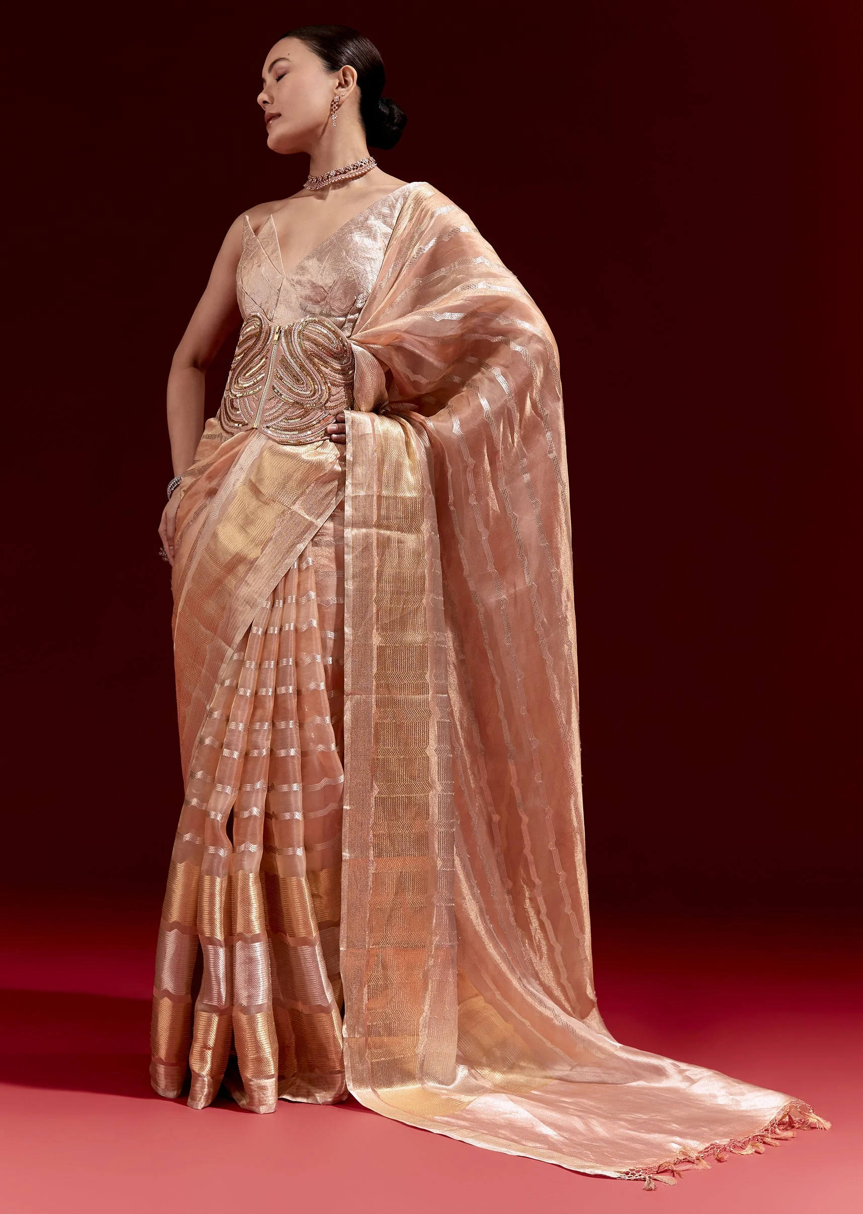 Peach Banarasi Tissue Saree With Chanderi Stripes And Embroidered Cutdana Belt - Image 3