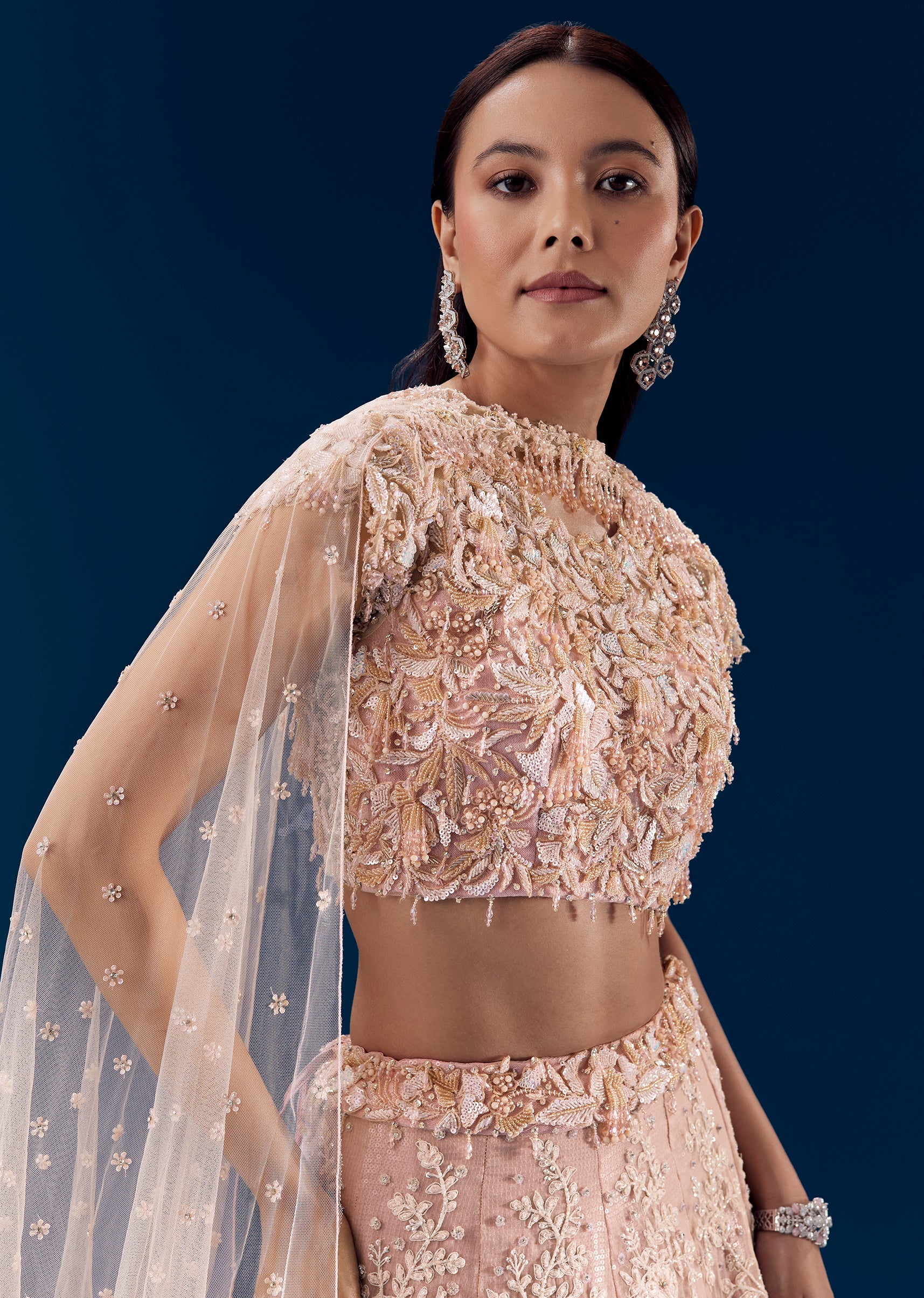 Peach Bead Embellished Bridal Lehenga Set - Image 3