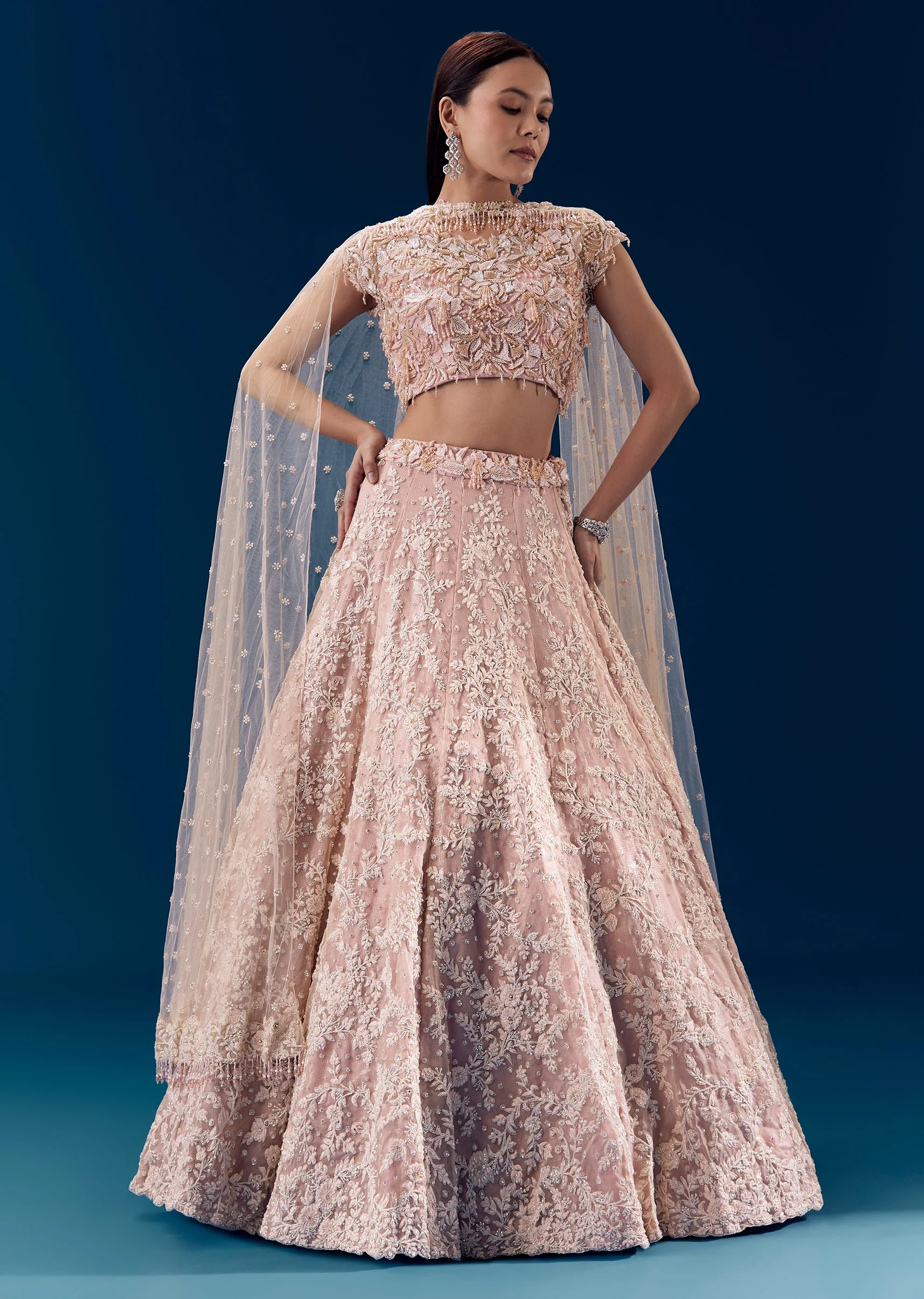 Peach Bead Embellished Bridal Lehenga Set - Image 4