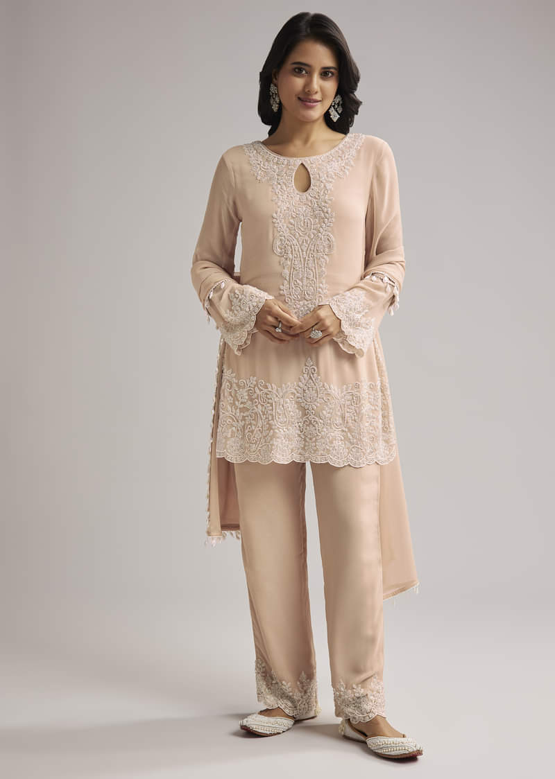 Peach Beaded Kurti Pant Set With Dupatta - Image 2