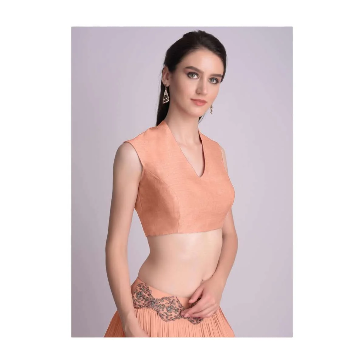 Peach Blouse In Raw Silk With V Neckline - Image 3
