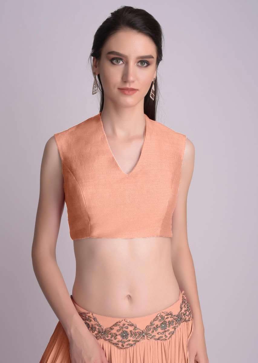 Peach Blouse In Raw Silk With V Neckline - Image 5