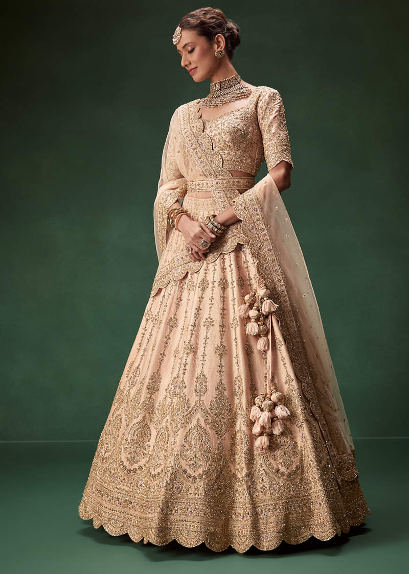 Peach Bridal Lehenga With Regal Embroidery And Single Dupatta Drape - Image 4
