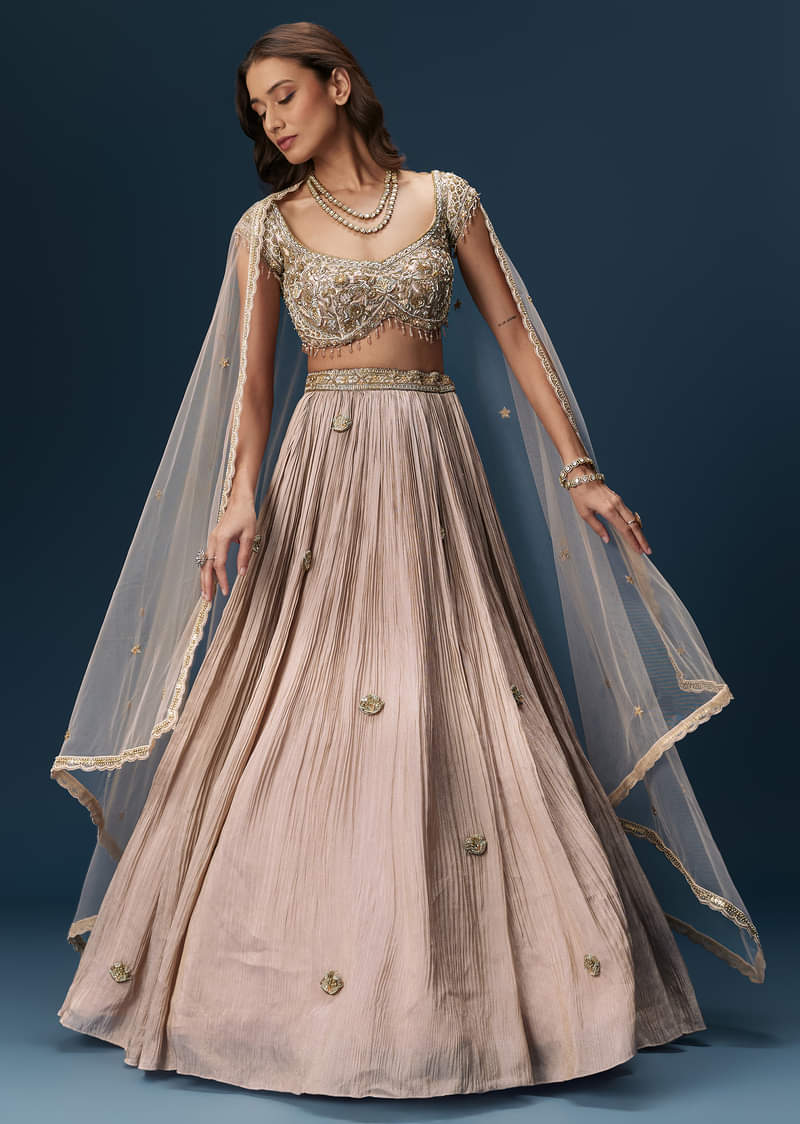 Peach Bridesmaid Lehenga With Embroidered Dupatta And Cap Sleeve Blouse - Image 2