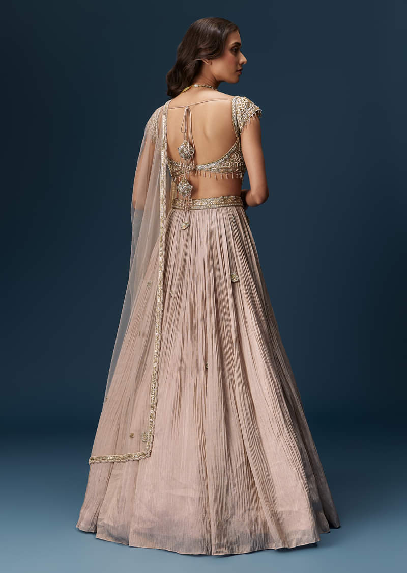 Peach Bridesmaid Lehenga With Embroidered Dupatta And Cap Sleeve Blouse - Image 3